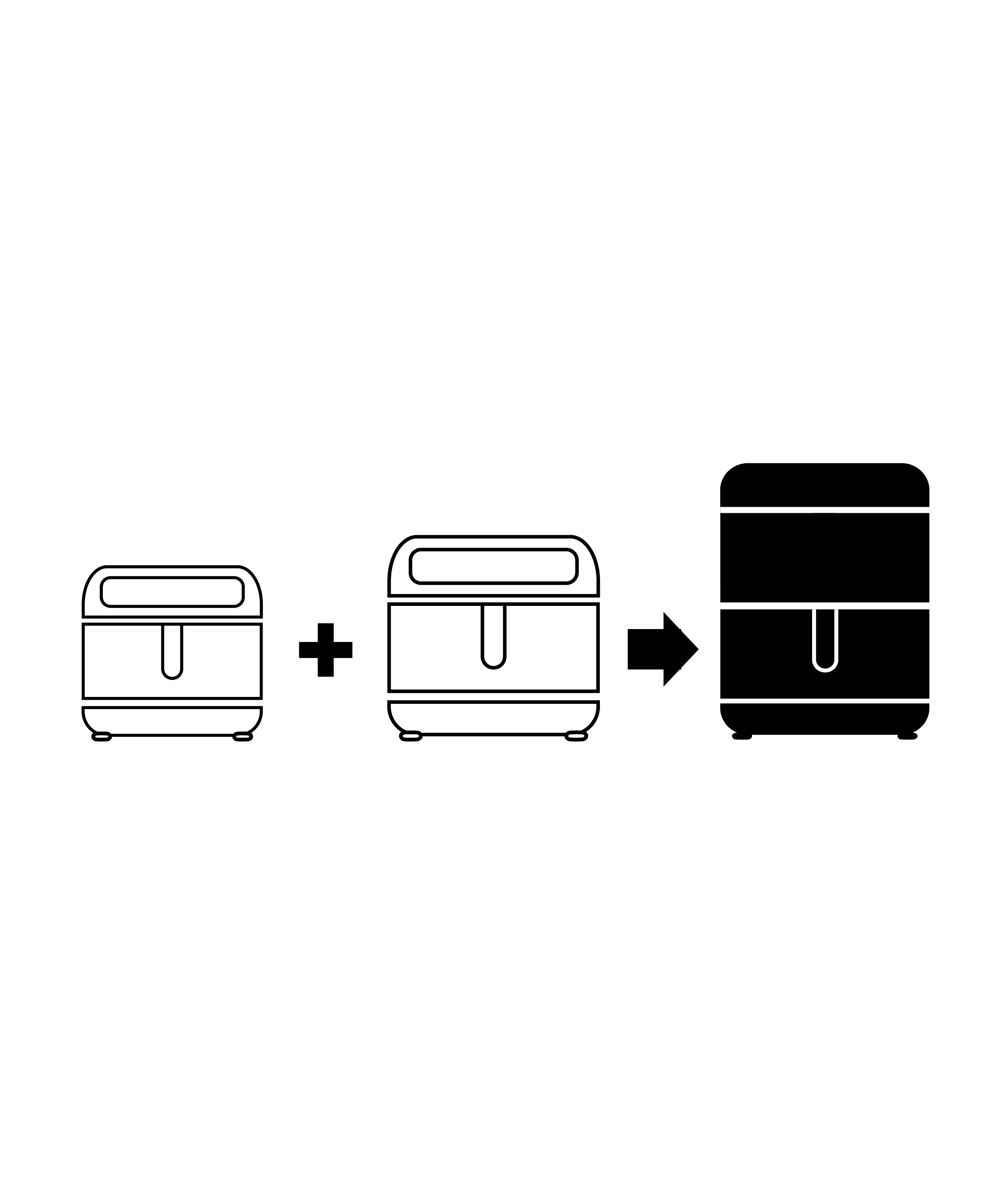 Diagramm, das zwei kastenförmige Objekte zeigt, die durch ein Pluszeichen kombiniert werden und zu einem schwarzen Objekt führen.