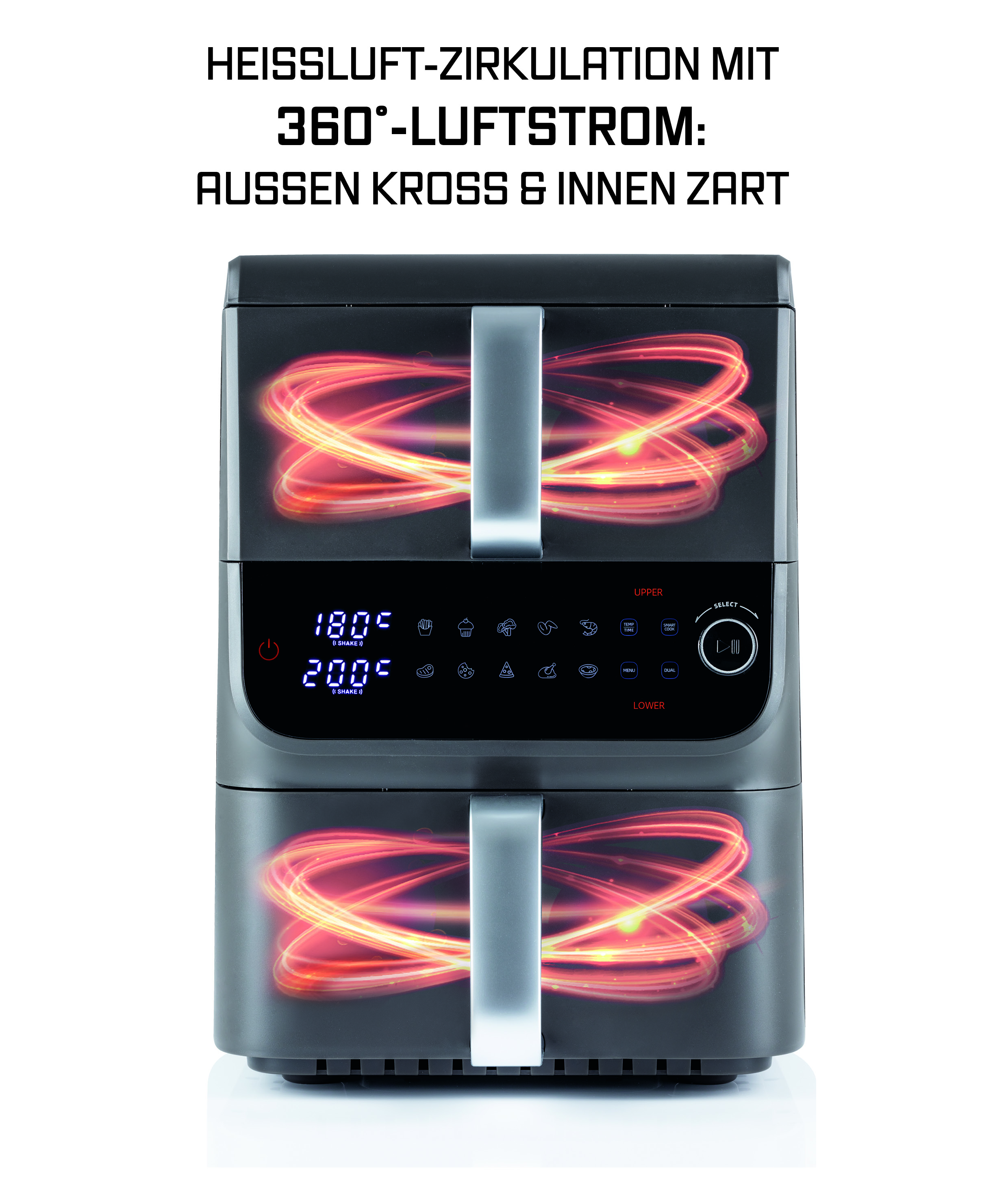 Schwarze Heißluftfritteuse mit Digitalanzeige, silbernen Griffen und orangefarbenem Luftzirkulationseffekt. Text oben.