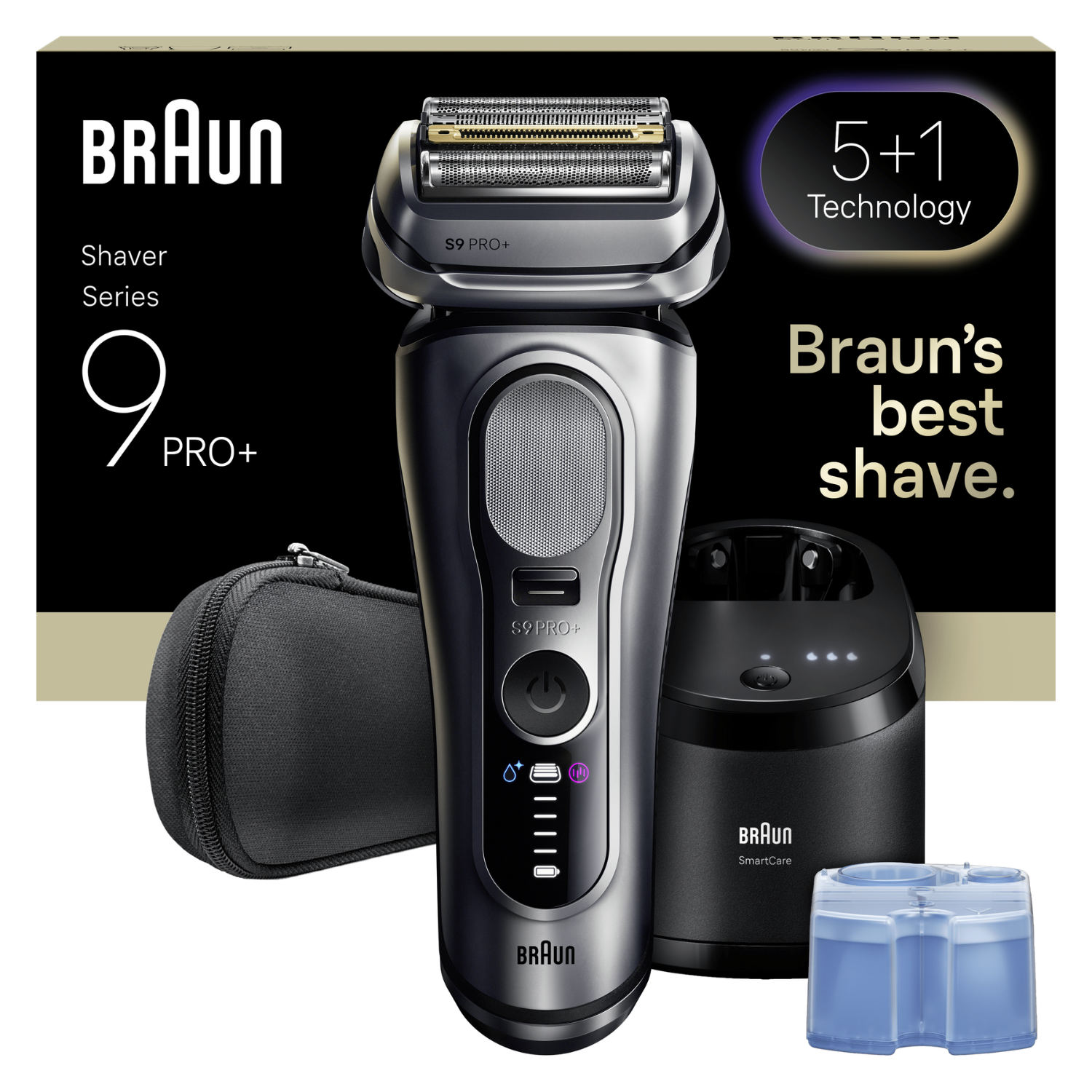 Afeitadora Braun Series 9 Pro+ con accesorios: estuche, base de carga y solución limpiadora. Diseño plateado y negro, tecnología de afeitado limpio.