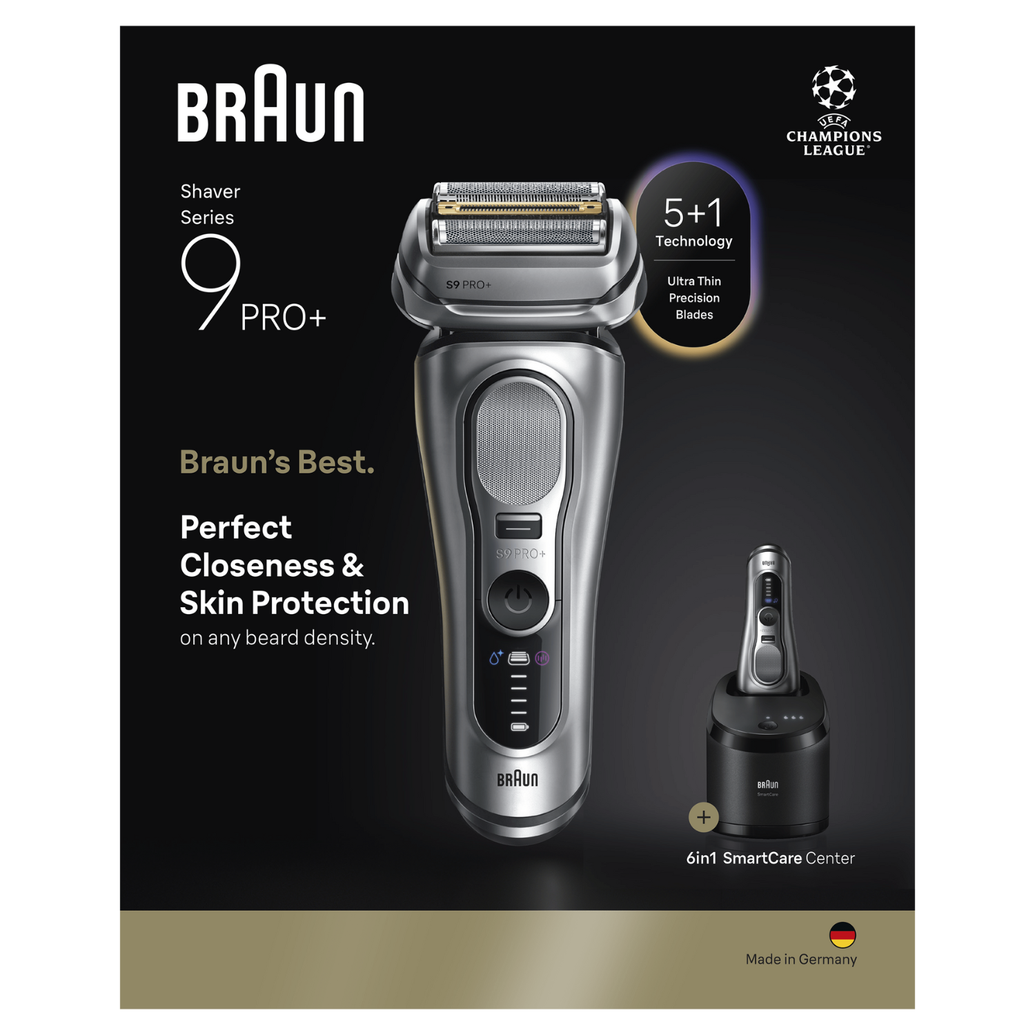 Afeitadora Braun Series 9 Pro+, gris y plateada, con estación de carga. Características: cuchillas de precisión y protección de la piel.
