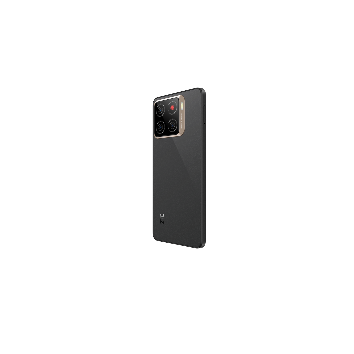 A black smartphone with a camera cluster and a metallic rim against a black background.