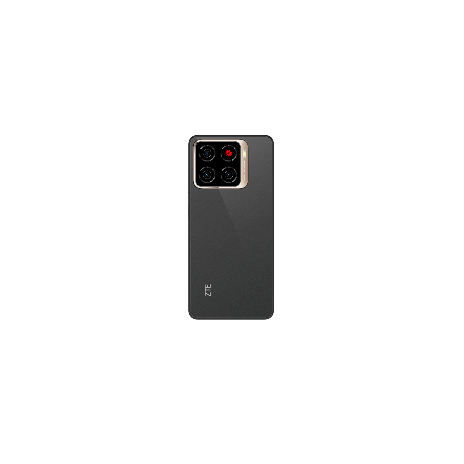 A black ZTE smartphone rear view, showcasing multiple camera lenses with a red accent and the brand logo.