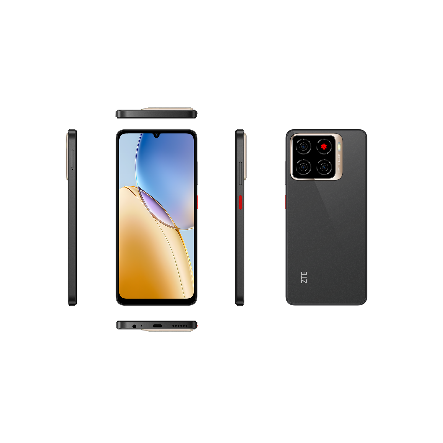 A black ZTE smartphone is shown from multiple angles. The screen displays a colorful wallpaper. The back has a camera module.