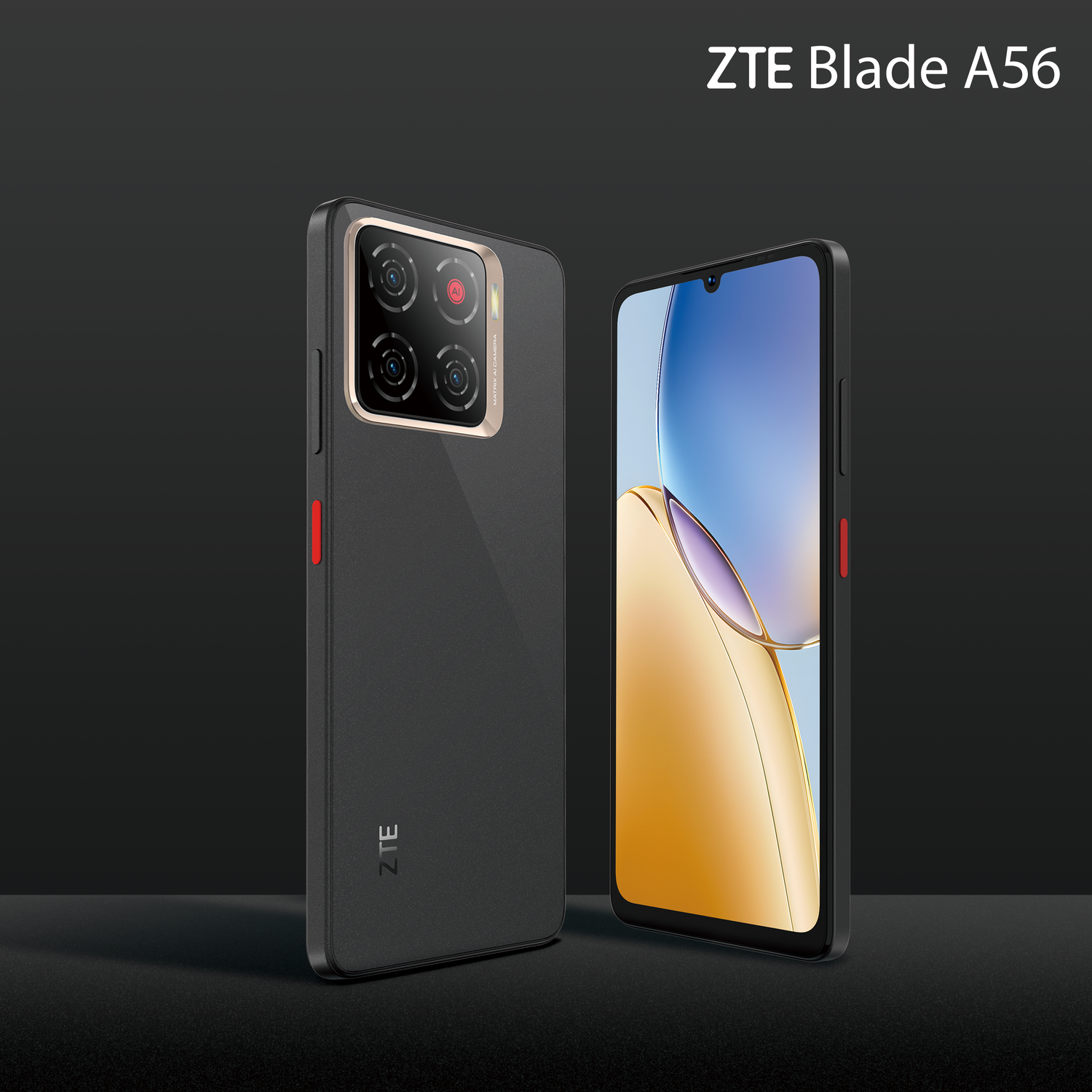 Two black ZTE Blade A56 phones. One shows back with camera and the other shows the screen. Both have red accents.