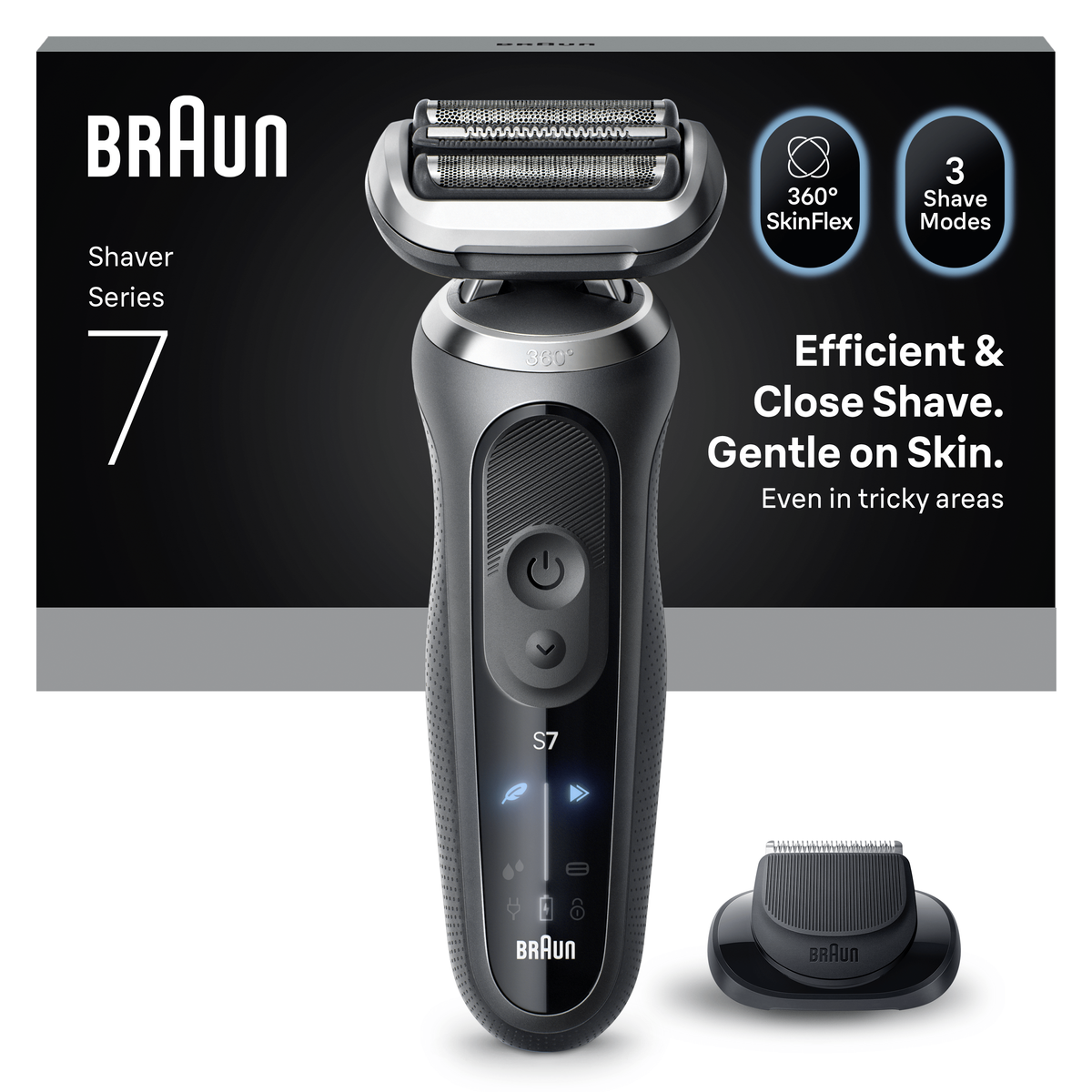 Se muestra una afeitadora eléctrica Braun Serie 7, con el logotipo de la marca y sus características. Tiene un diseño negro y plateado y una base de carga.