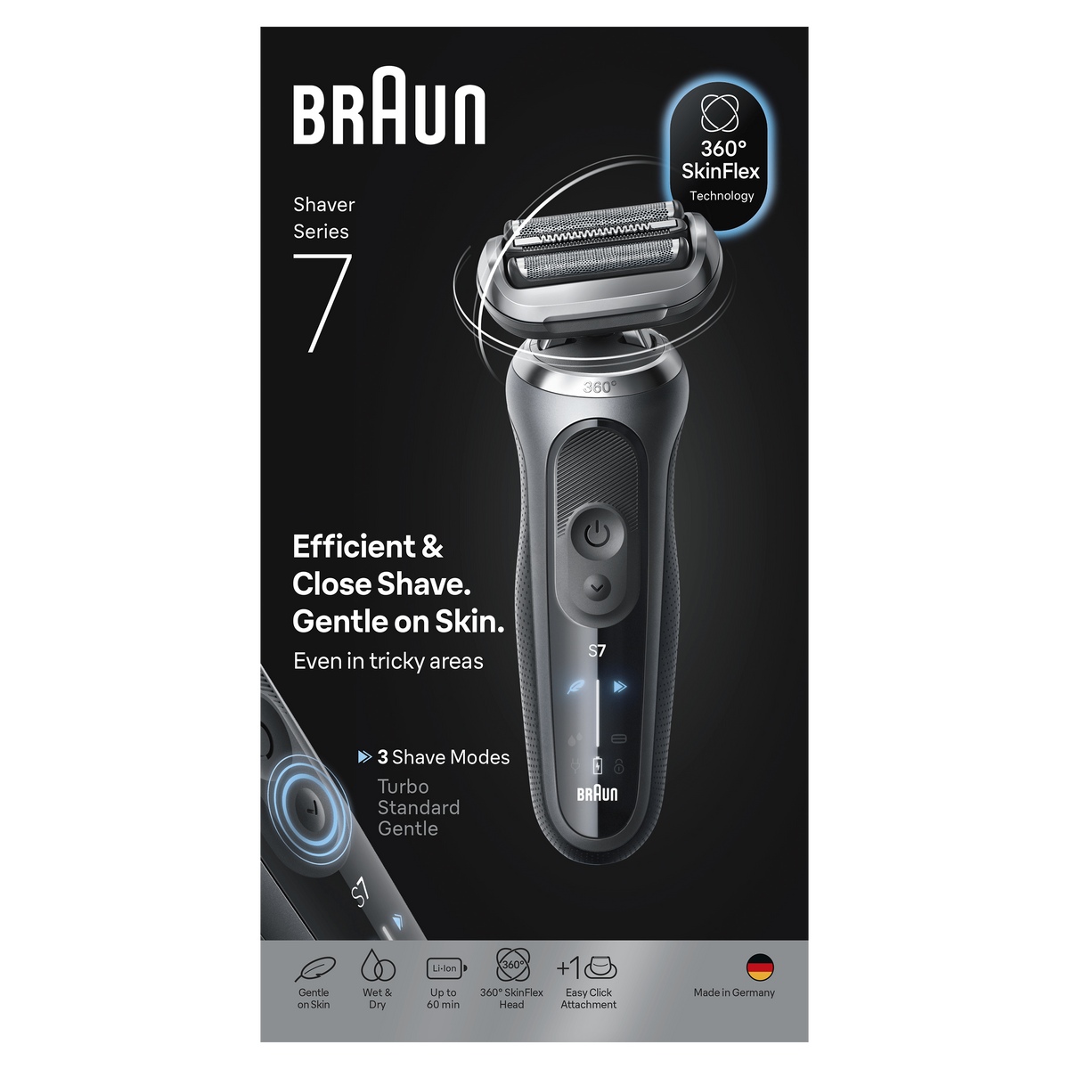 Afeitadora eléctrica Braun Series 7. Diseño plateado y negro, con tecnología 360 SkinFlex y funciones para uso en seco y húmedo, sobre fondo negro.
