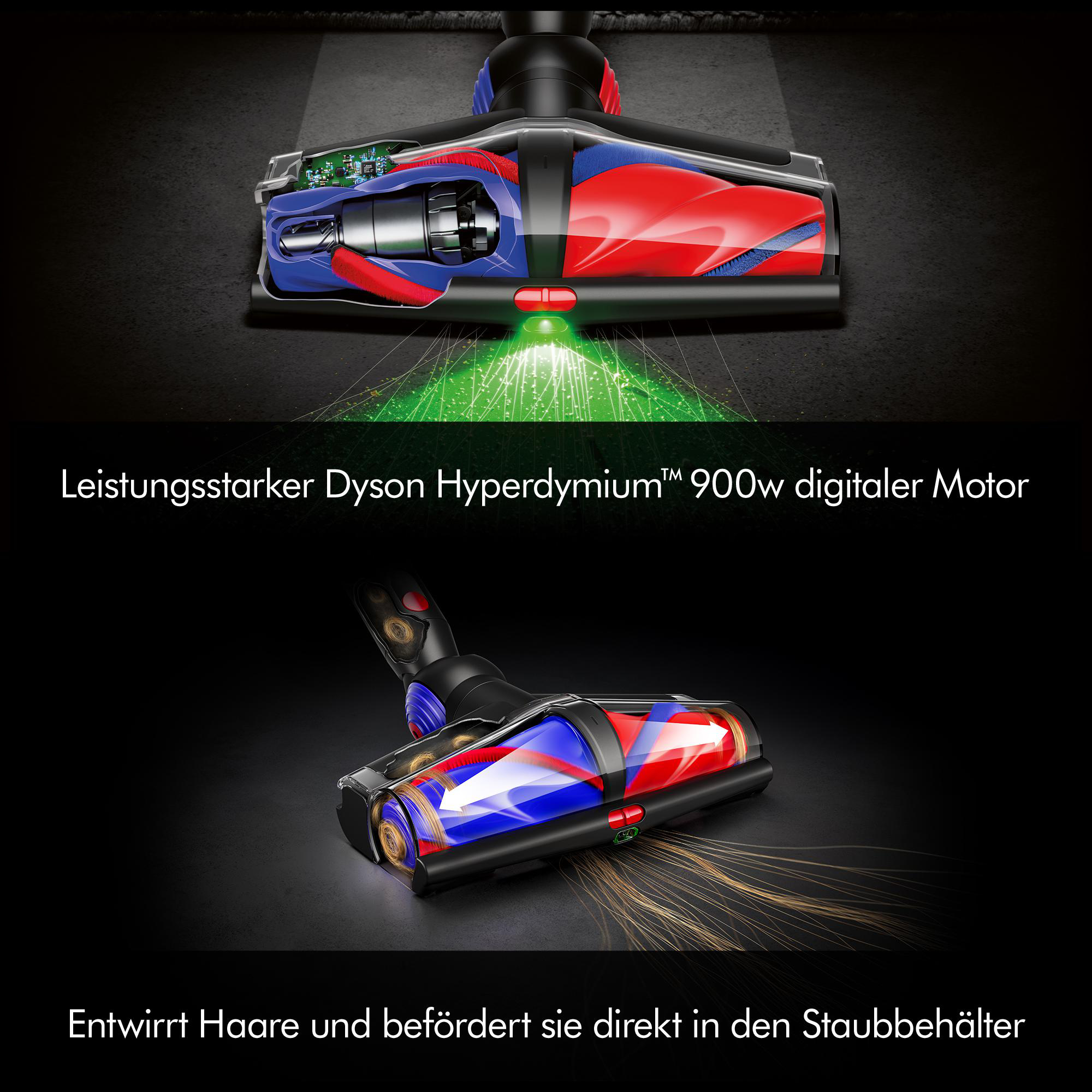 Detail des Staubsaugerkopfes mit roten und blauen Rollen, grünem Licht und schwarzem Hintergrund. Text über den Motor.