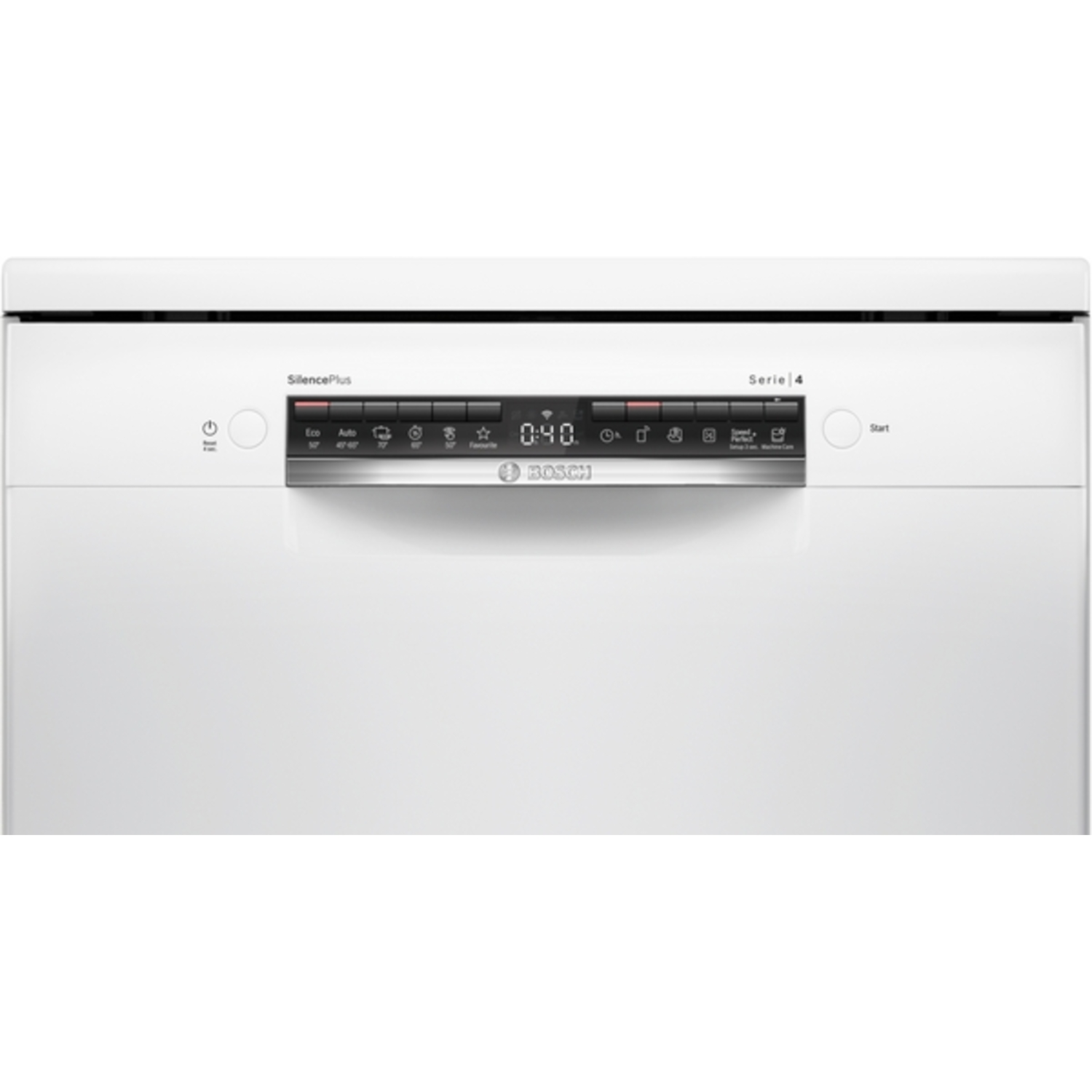 Un lave-vaisselle Bosch blanc. Il possède un affichage numérique avec des boutons pour divers réglages. La marque et les infos du modèle sont visibles.