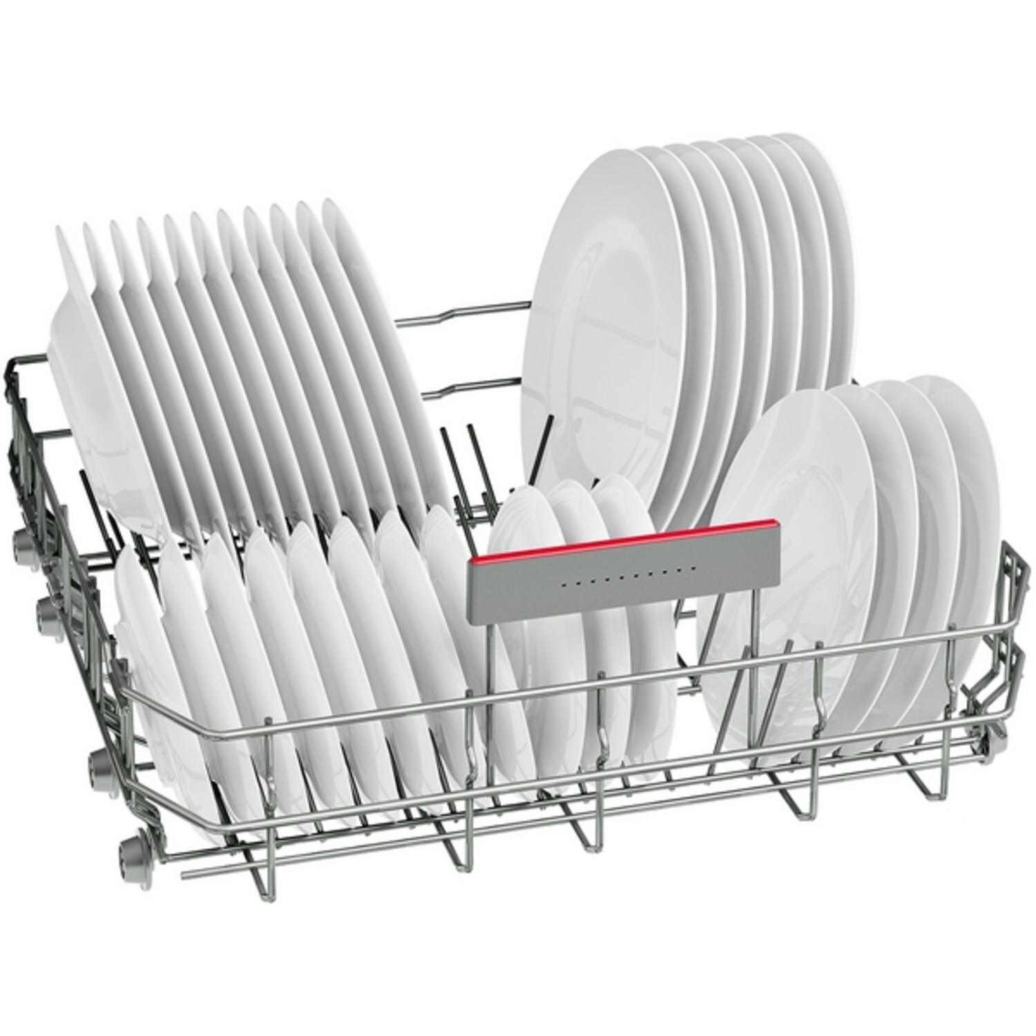 Un panier de lave-vaisselle rempli d'assiettes blanches. Les assiettes sont empilées verticalement et horizontalement. Le panier est argenté avec une barre rouge et grise.