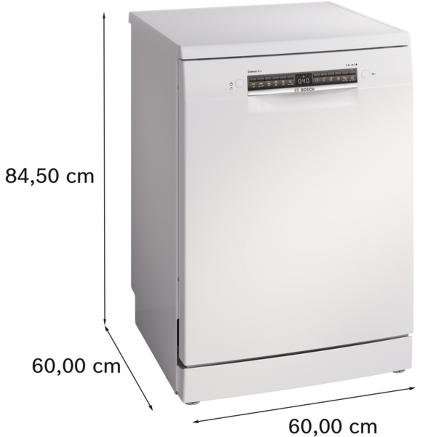 Un lave-vaisselle Bosch blanc avec dimensions indiquées. La hauteur est de 84,50 cm, la largeur de 60,00 cm.