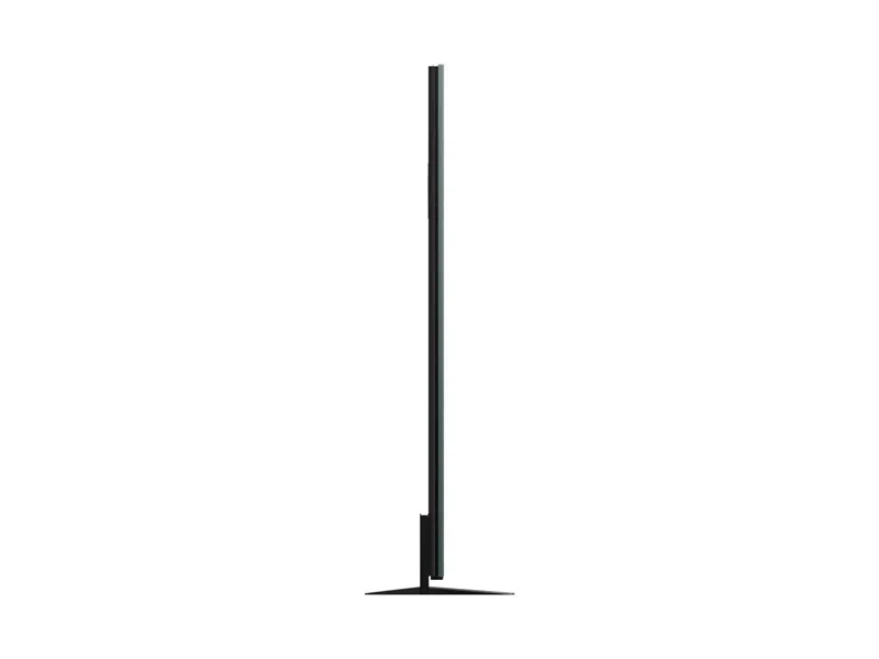 Egy karcsú, fekete, modern TV áll fehér háttéren. Téglalap alakú képernyője és vékony talpa van.