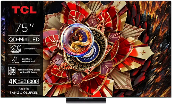 TCL 75C9K QD-Miniled 144Hz Google TV, Low-reflection screen, Bang & Olufsen sound, 190 cm