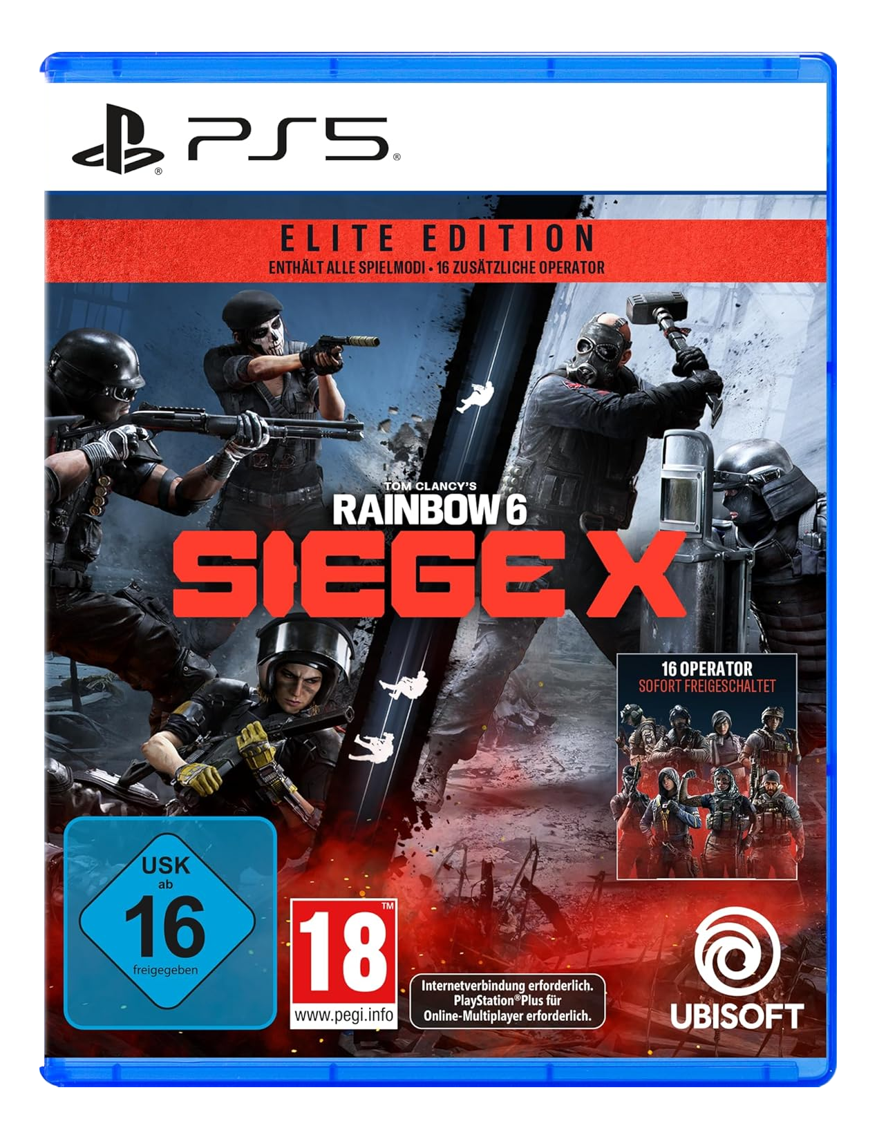 Copertina del gioco Rainbow 6 Siege X, PS5, con soldati, logo e classificazione per età.