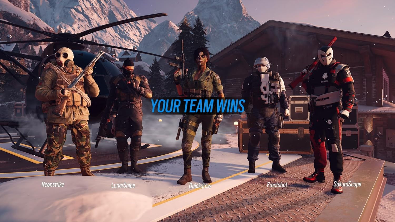 Cinque soldati in piedi, un elicottero sullo sfondo, montagne innevate. Il testo 'Your Team Wins' è visualizzato al centro.