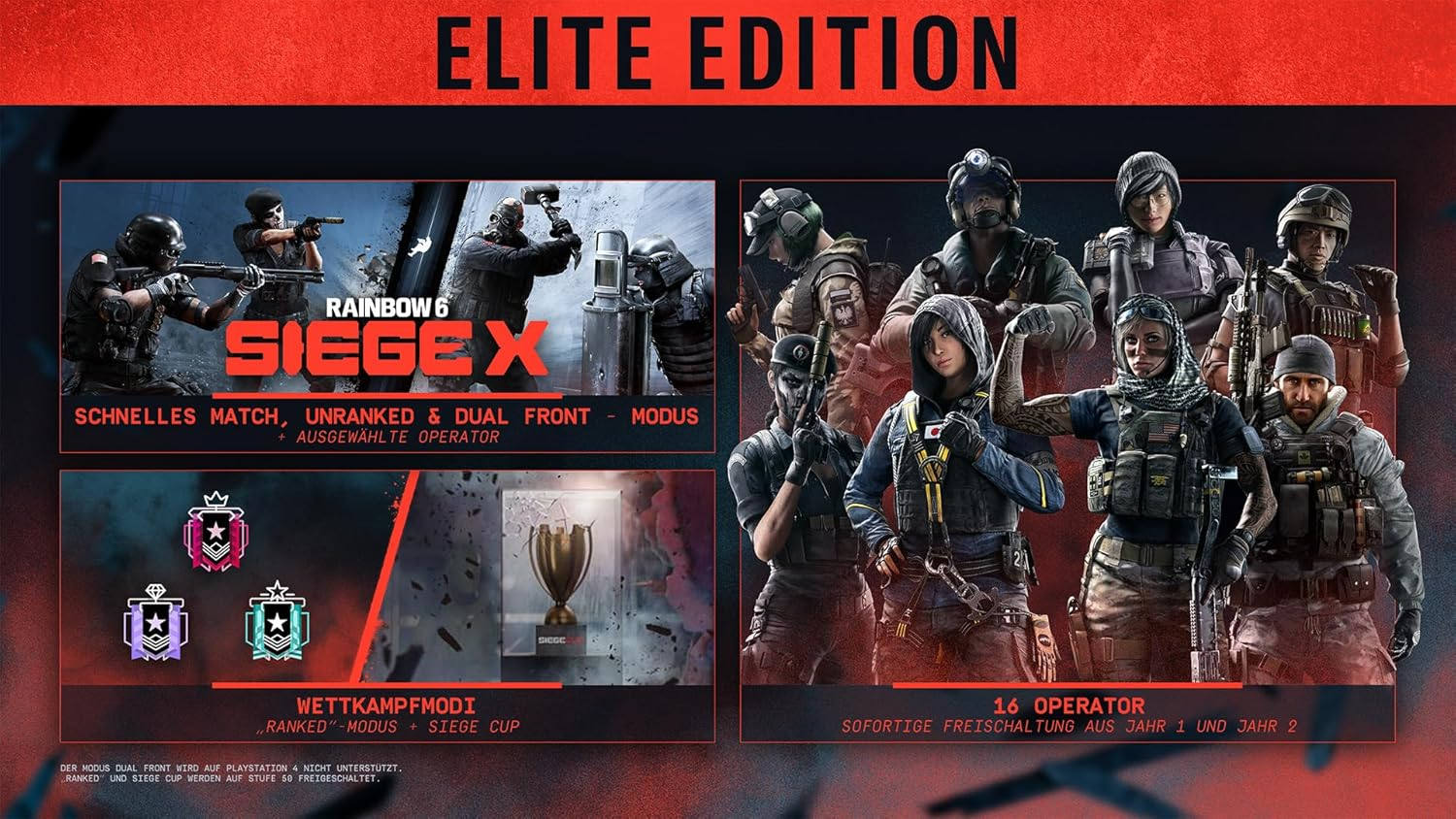 Rainbow Six Siege Elite Edition. Charaktere mit Waffen werden gezeigt. Text beinhaltet: Ranked, Siege Cup und 16 Operator.