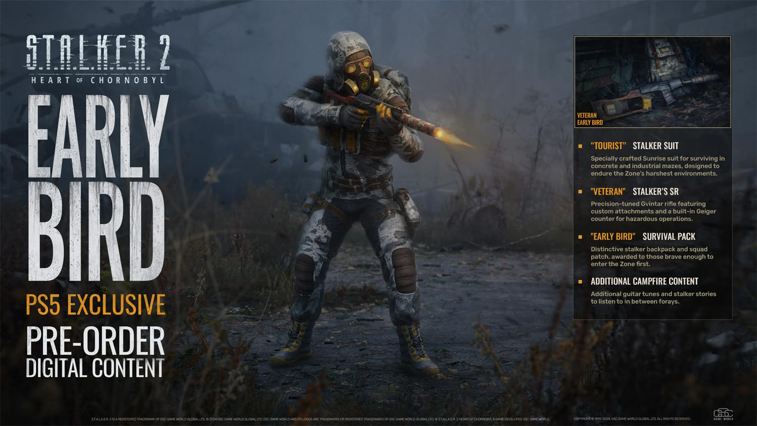 Un soldat en tenue de protection avec un fusil. Le titre du jeu 'STALKER 2' et le texte 'Early Bird' sont mis en avant.