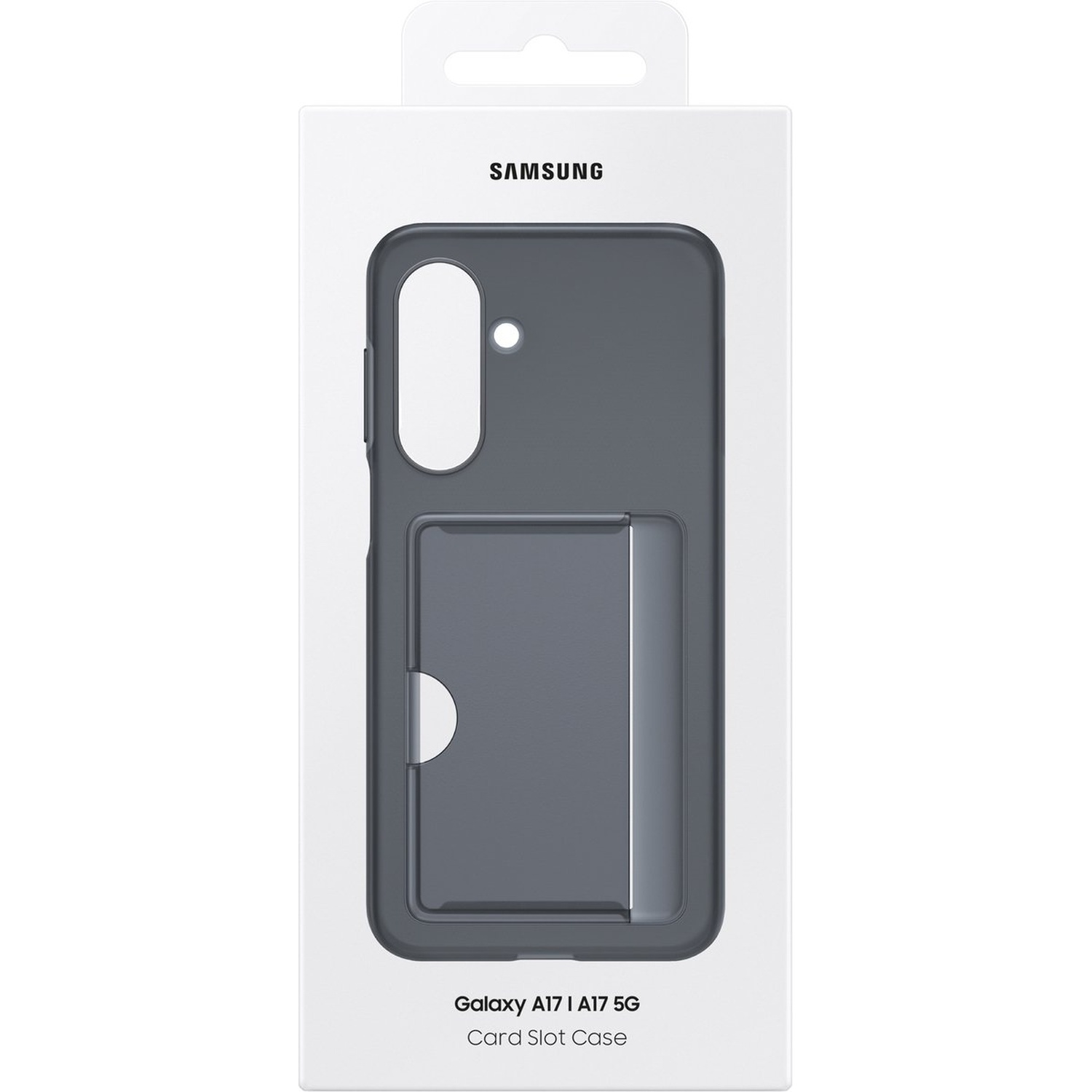 Een Samsung Galaxy A17 5G kaartsleufhoes in een witte doos. De hoes is grijs met uitsparingen voor de camera en de kaartsleuf.