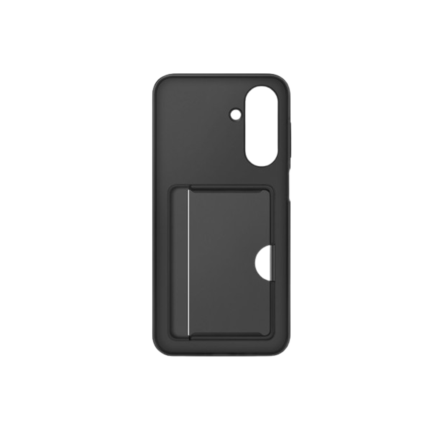 Een zwarte telefoonhoes met een kaartsleuf gecentreerd tegen een zwarte achtergrond. De hoes heeft een camera-uitsparing en een kaartsleuf.