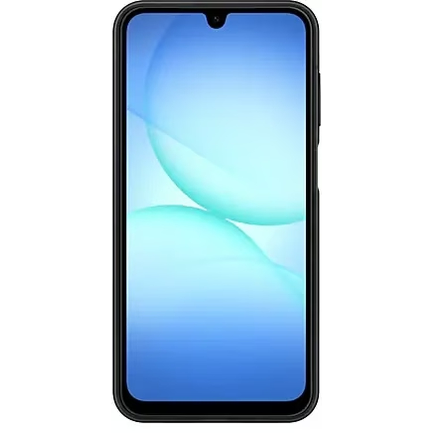 Smartphone met zwart frame. Scherm toont een blauwe en turquoise gradiënt met abstracte vormen.