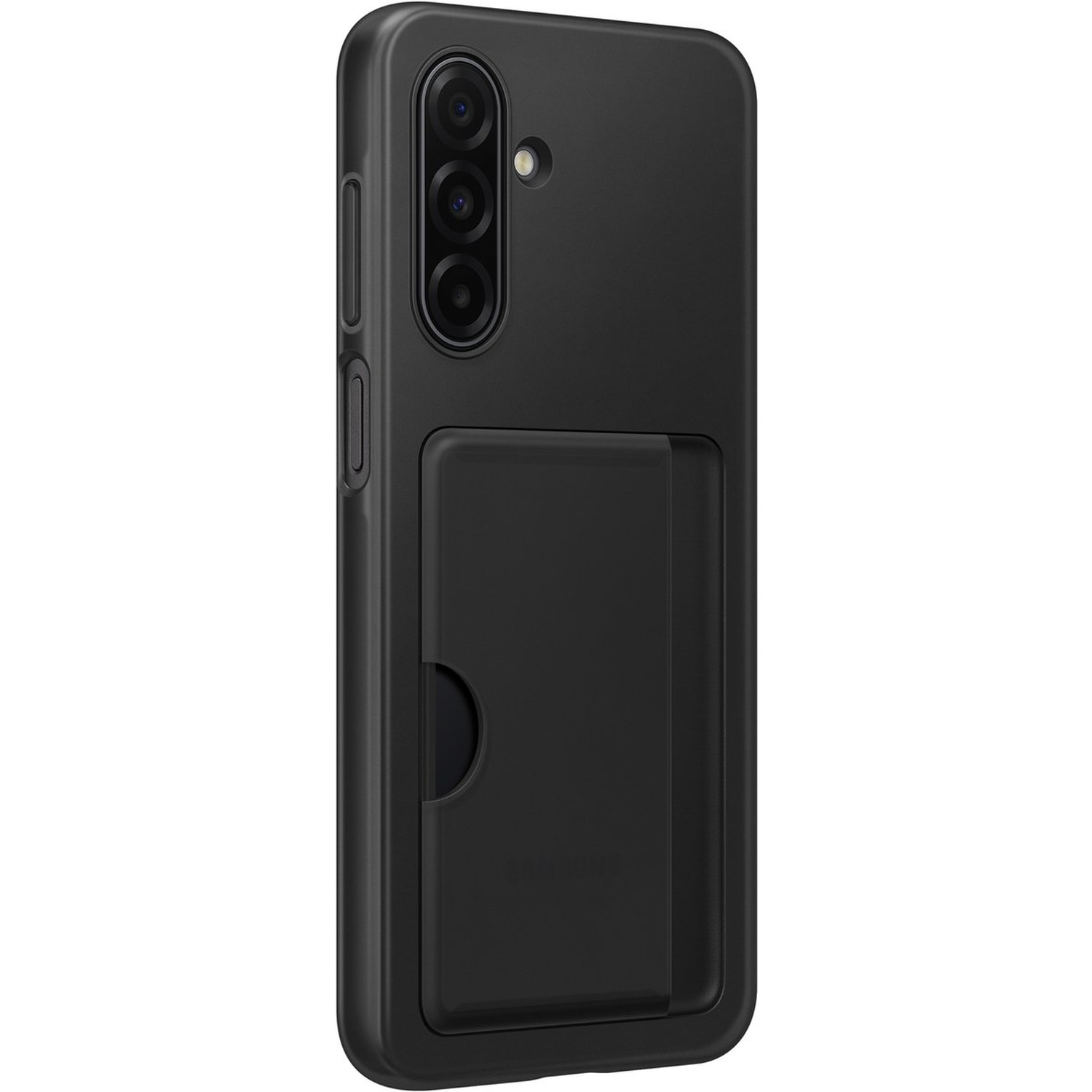 Zwarte telefoonhoes met een kaartsleuf aan de achterkant. Het heeft een cameramodule en een zijknop links.