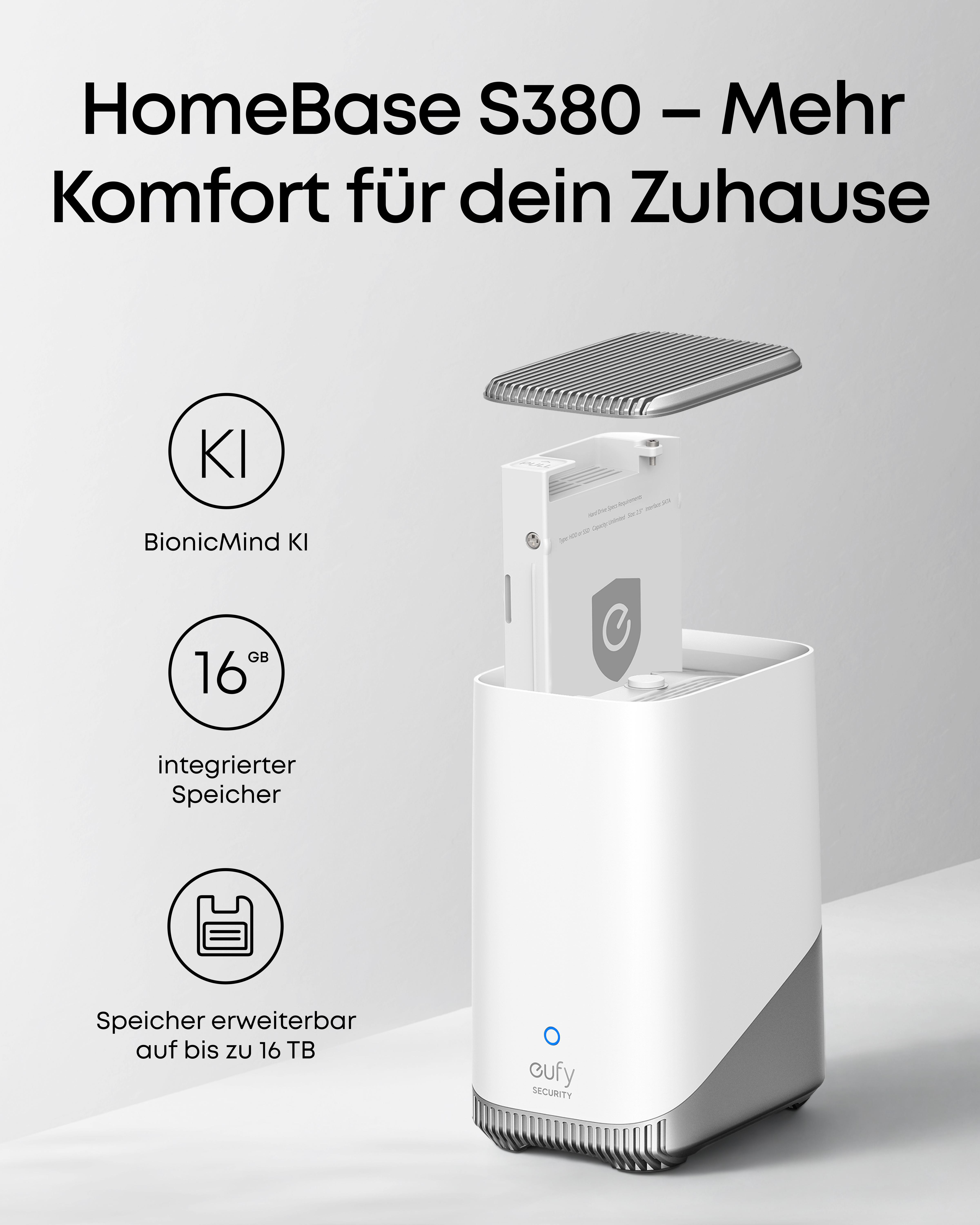 Weiße und graue HomeBase S380. Merkmale sind BionicMind KI, 16 GB Speicher und erweiterbarer Speicher bis 16 TB.
