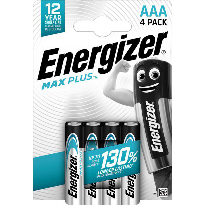 Energizer Max Plus AAA Batterien in einer Packung. Auf der Verpackung steht etwas über die Haltbarkeit und längere Lebensdauer. Ein Cartoon-Arm ist ebenfalls sichtbar.