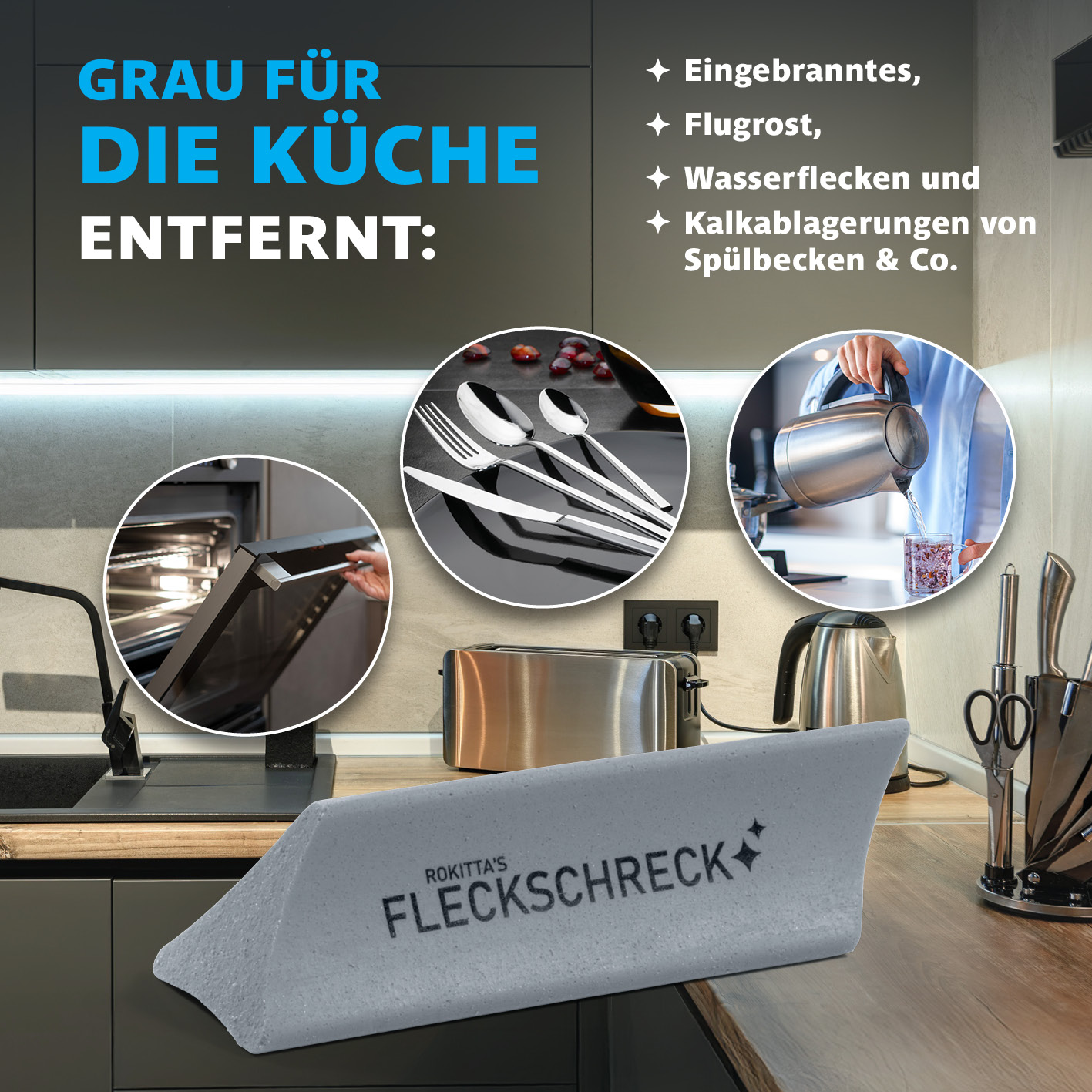Werbung für ein Reinigungsprodukt, mit Küchenartikeln und Produktdetails. Enthält Text und Bilder verschiedener Reinigungsszenarien.