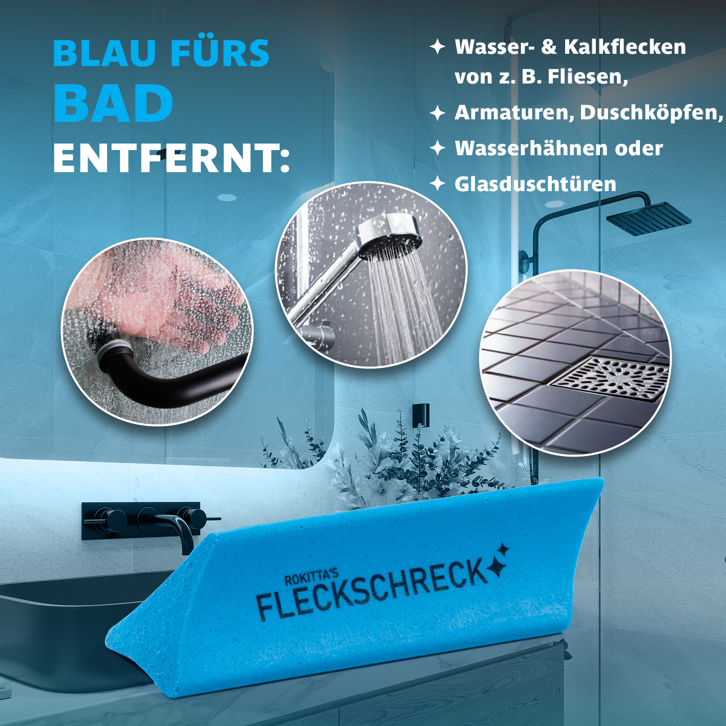Das Bild zeigt ein blaues Reinigungswerkzeug mit Text. Es zeigt auch ein Badezimmer mit Duschköpfen, Fliesen und Wasserflecken.
