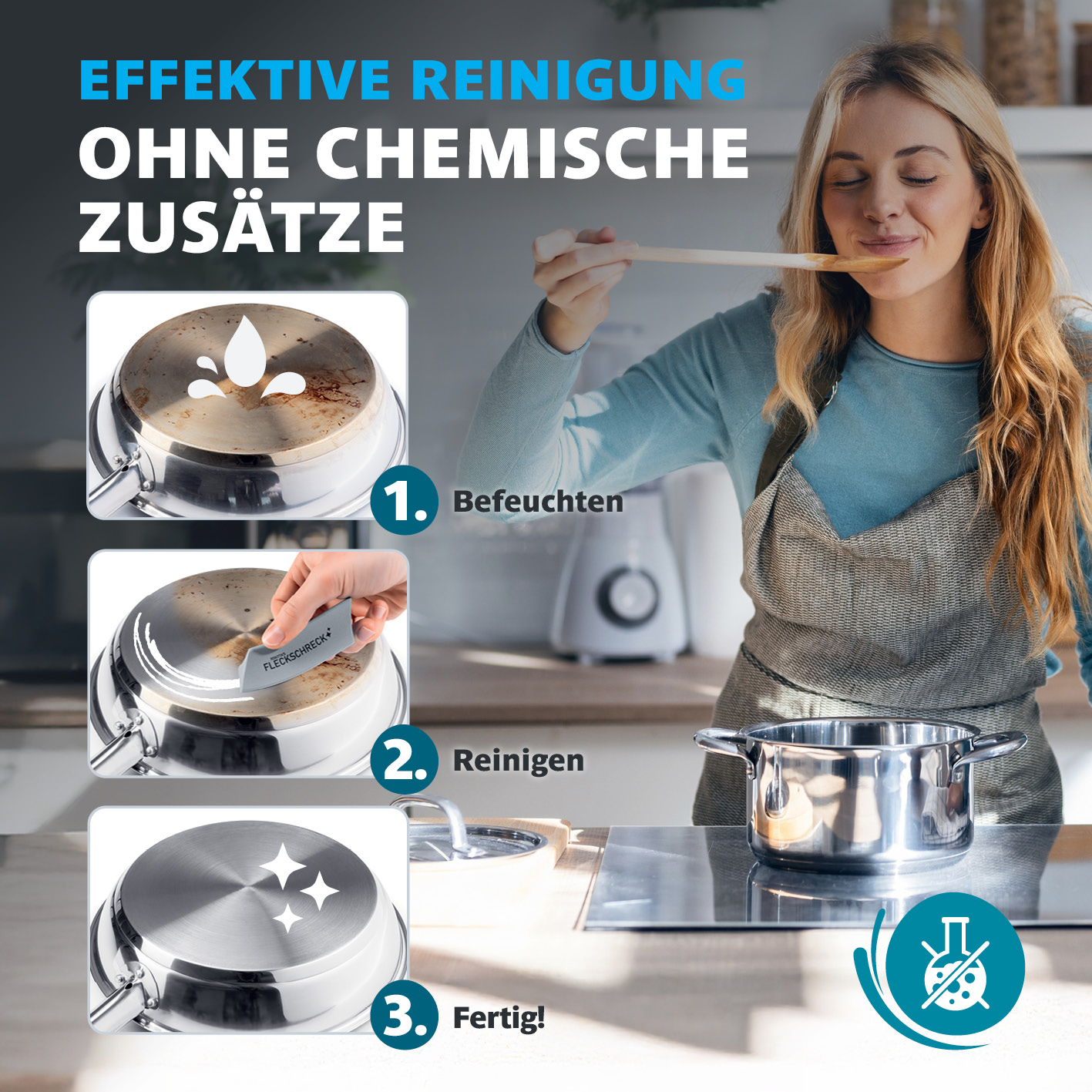 Eine Frau probiert von einem Holzlöffel, Reinigungsschritte auf einem Topf gezeigt. Sauberer Topf mit Schritten: anfeuchten, reinigen, fertig.