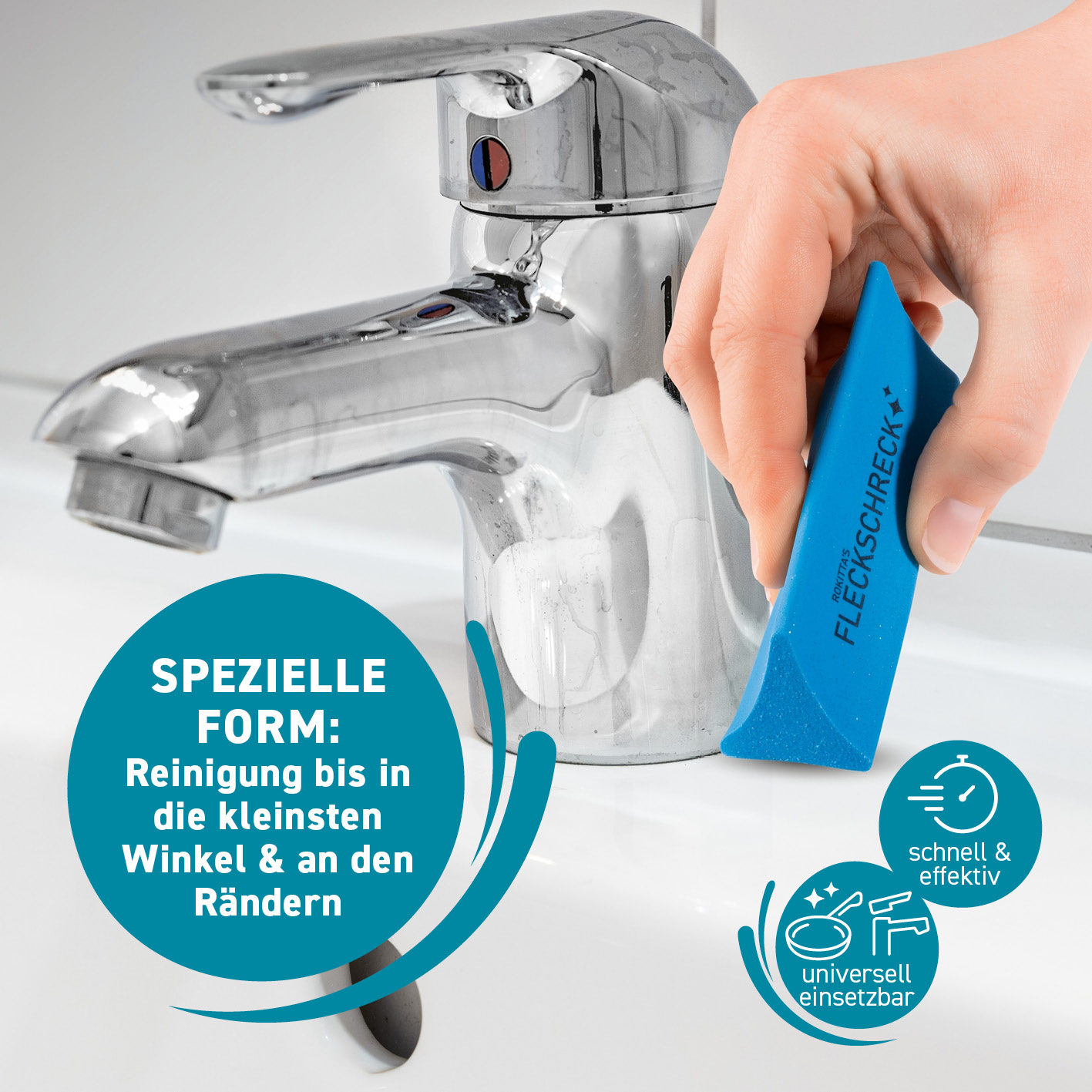 Eine Hand hält ein blaues Reinigungswerkzeug in der Nähe eines Chromhahns. Text beschreibt die Reinigungsfähigkeiten des Werkzeugs.
