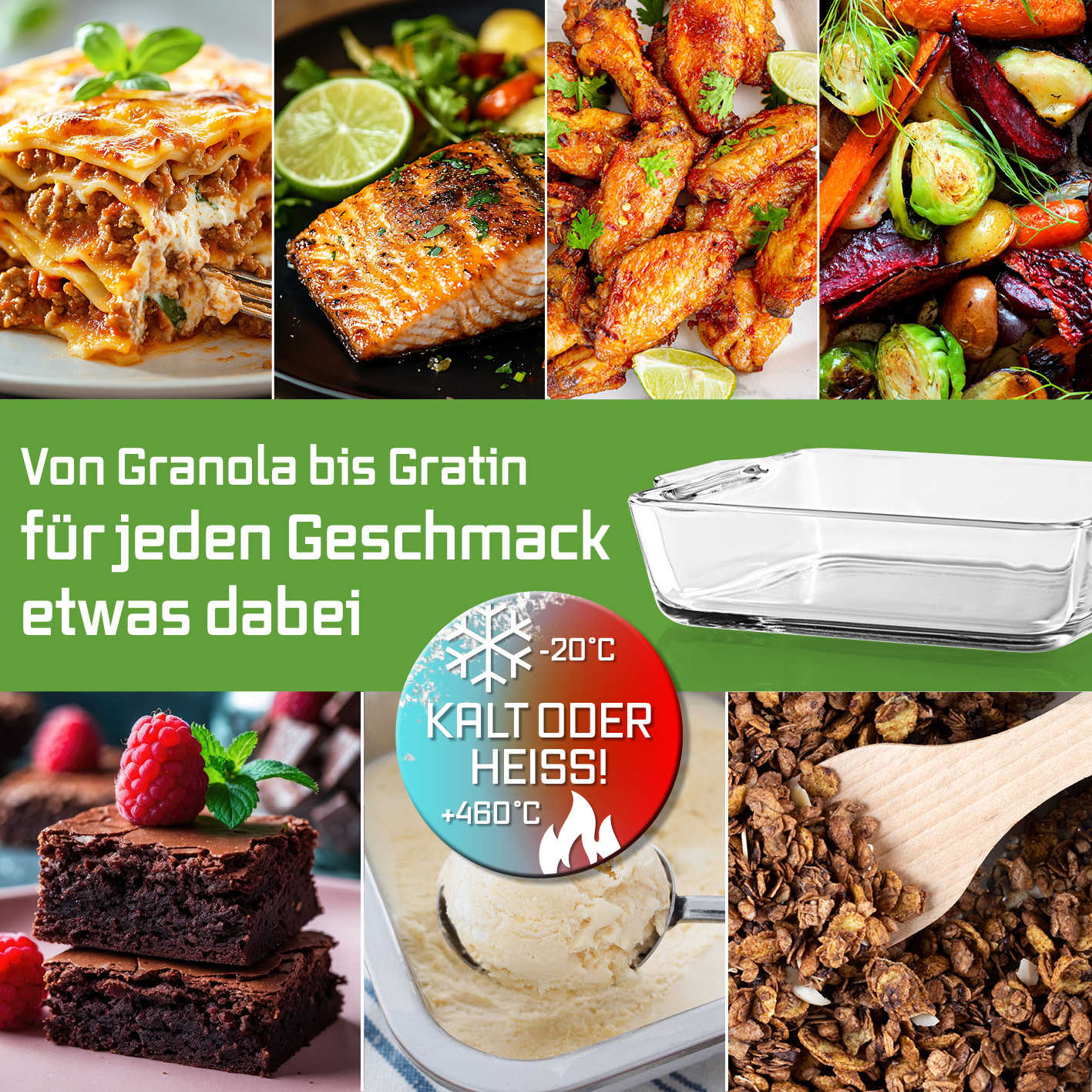 Eine Collage mit verschiedenen Gerichten: Lasagne, gegrillter Lachs, Brathähnchen, geröstetes Gemüse, Brownies, Eis und Granola.
