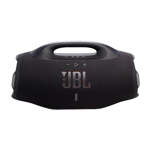 Ein schwarzer JBL-Lautsprecher mit Griff. Das JBL-Logo ist mittig und orange. Lautstärke- und Funktionstasten sind sichtbar.