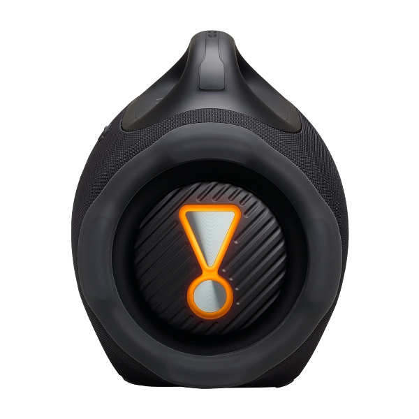 Schwarzer Lautsprecher mit orangefarbenen Akzenten. Mit Griff und großem Lautsprechergrill mit leuchtendem Ausrufezeichen-Logo.