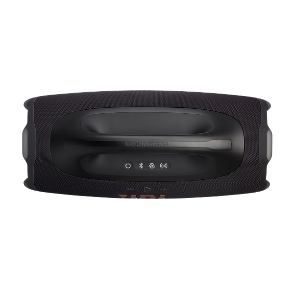 Schwarzer JBL Boombox 4 Lautsprecher. Mit Griff, Steuertasten und JBL-Logo. Auf schwarzem Hintergrund platziert.