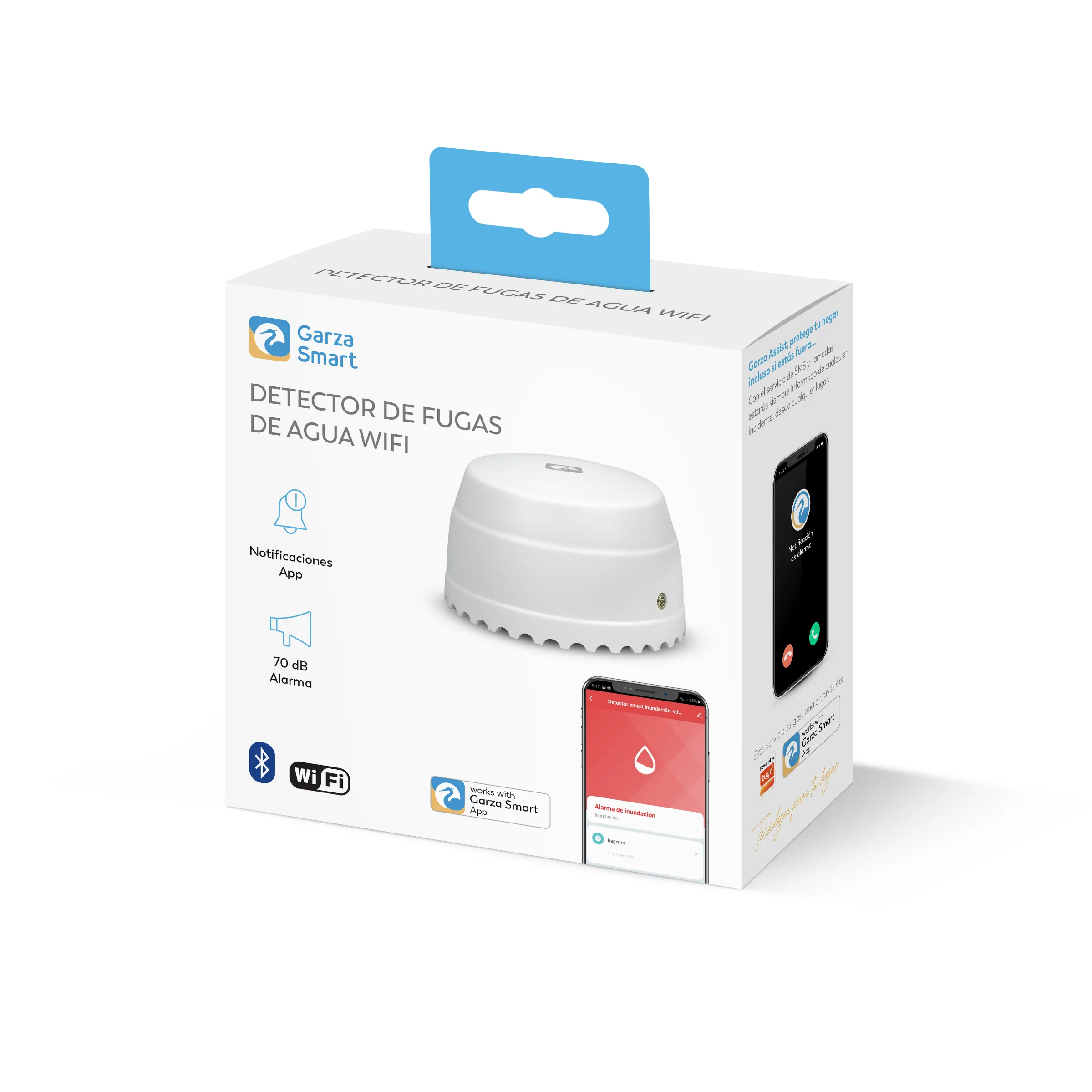 Caja con un detector de fugas de agua blanco, un smartphone y información del producto.