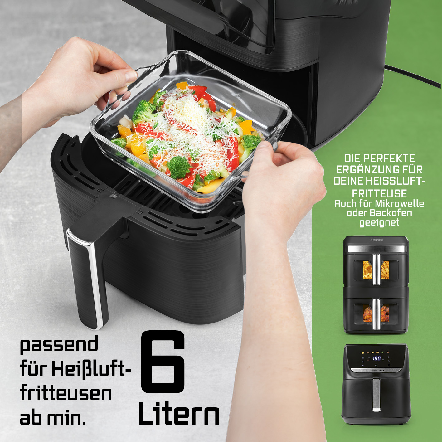 Eine Person hält eine Glasschale mit gekochtem Gemüse über einer schwarzen Heißluftfritteuse. Text wirbt für die Produktmerkmale.