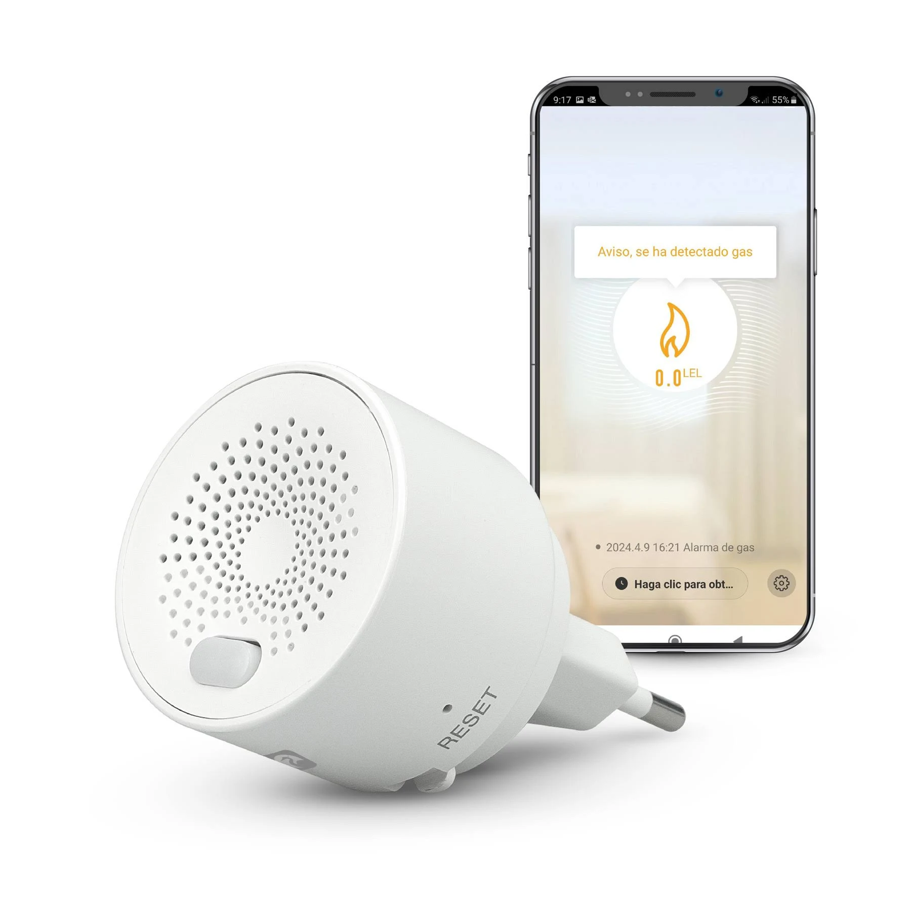 Detector de gas blanco y smartphone mostrando alerta de detección de gas. El detector tiene un botón 'RESET'. La pantalla muestra 0.0 LEL.