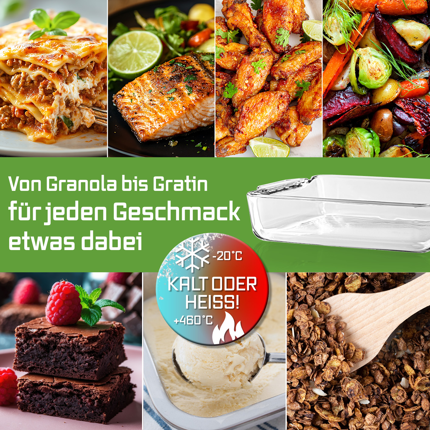 Collage: Lasagne, gegrillter Lachs, Hähnchenflügel, geröstetes Gemüse, Brownies, Eis, Granola, Text: 'Von Granola bis Gratin'.