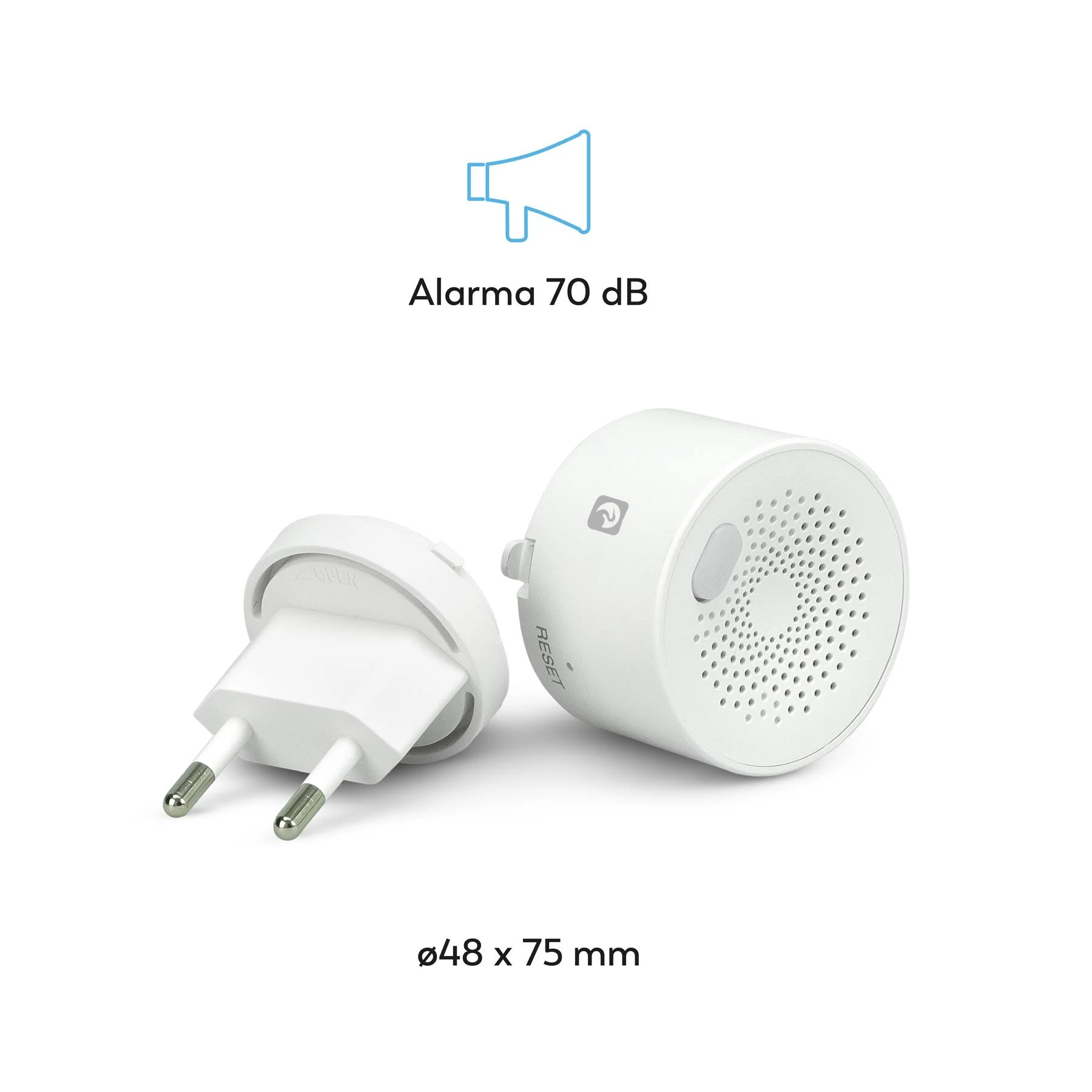 Un sistema de alarma blanco con enchufe, texto 'Alarma 70 dB' y dimensiones. Incluye altavoz, botón de reinicio y enchufe.