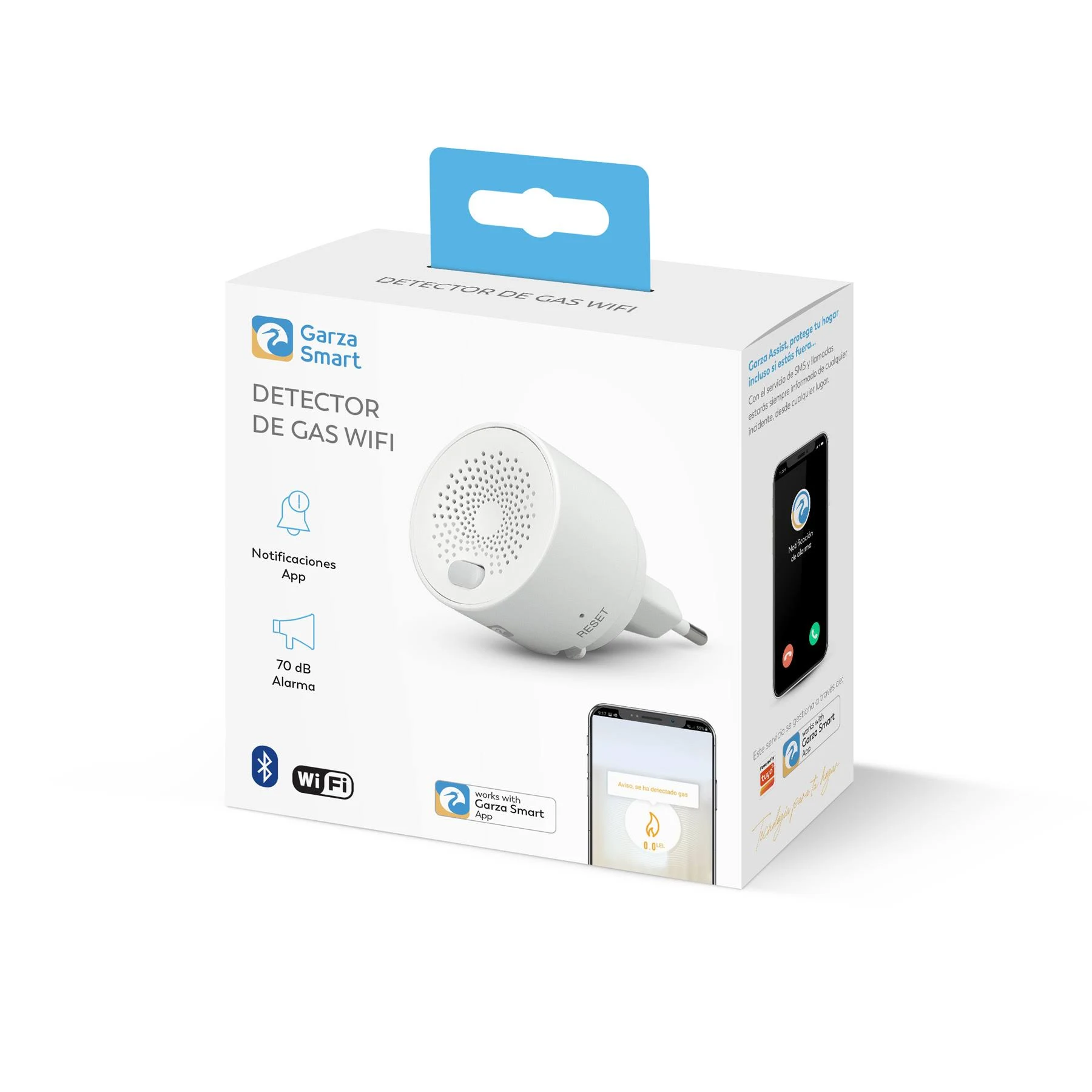 Un detector de gas blanco con enchufe está en una caja. La caja muestra un teléfono con una alerta y el logotipo de Garza Smart.