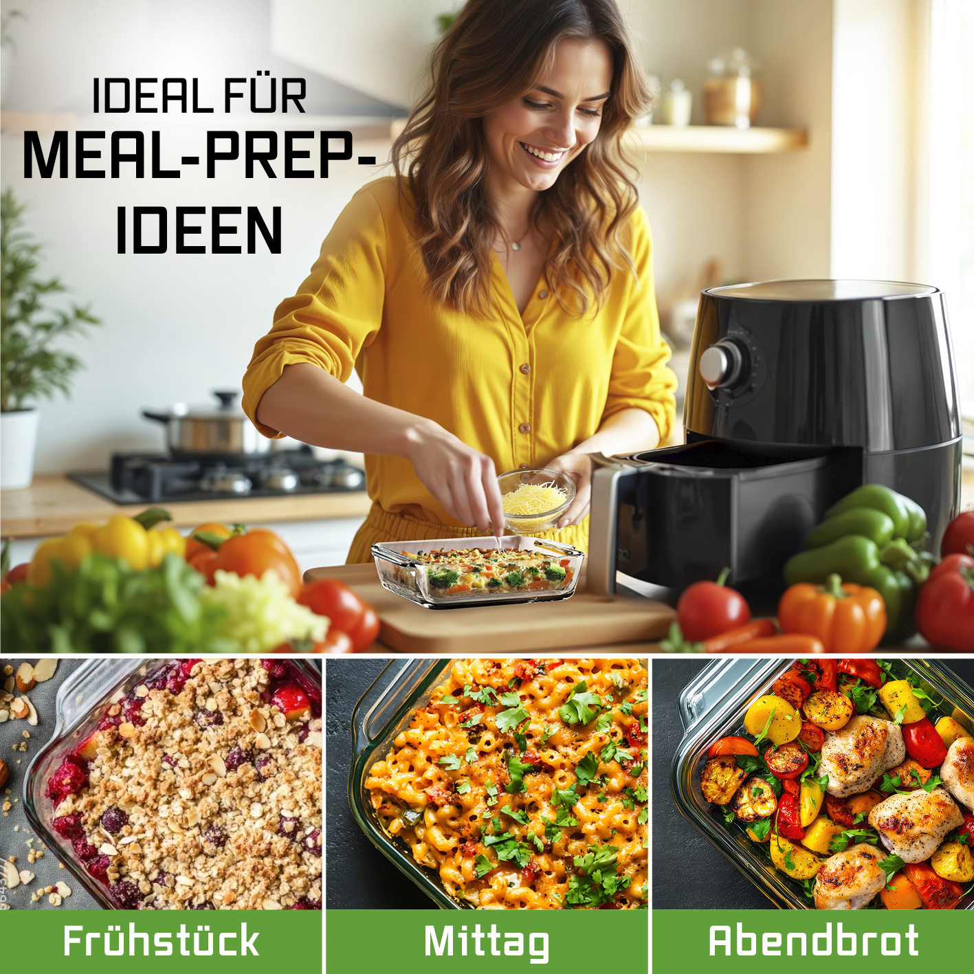 Frau bereitet Essen mit einer Heißluftfritteuse zu. Gerichte für Frühstück, Mittagessen und Abendessen werden gezeigt. Text: Ideal für Meal-Prep-Ideen.