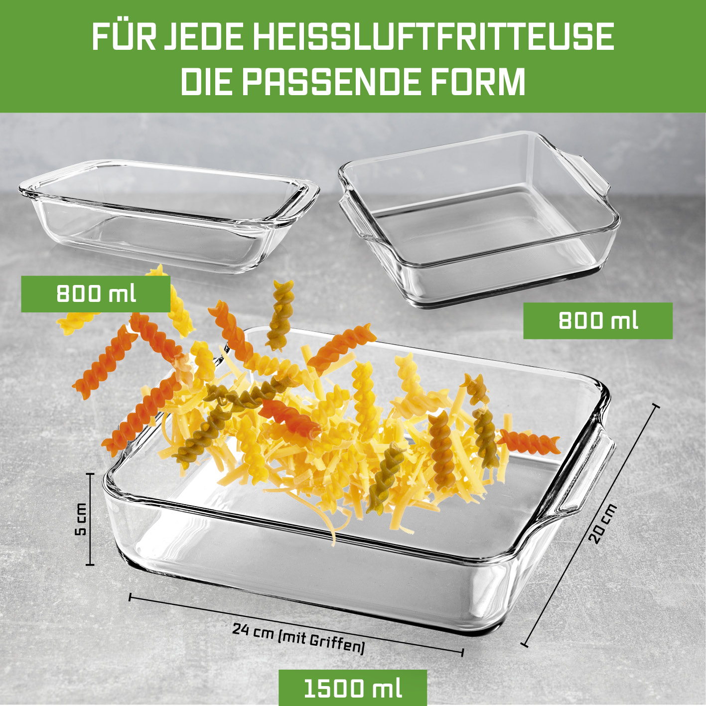Drei Glasbackformen in verschiedenen Größen mit Nudeln. Text auf Deutsch. Abmessungen und Volumen sind angegeben.