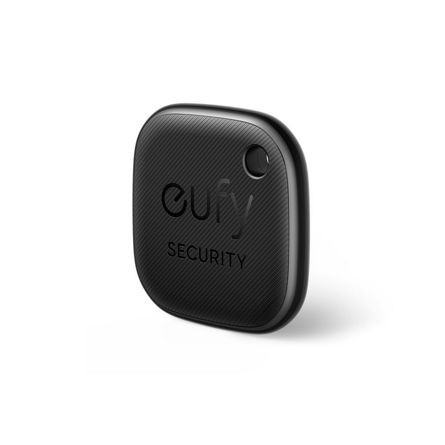 Un rastreador Eufy Security negro sobre fondo blanco. Es un cuadrado pequeño y redondeado con la marca y el texto 'SECURITY'.