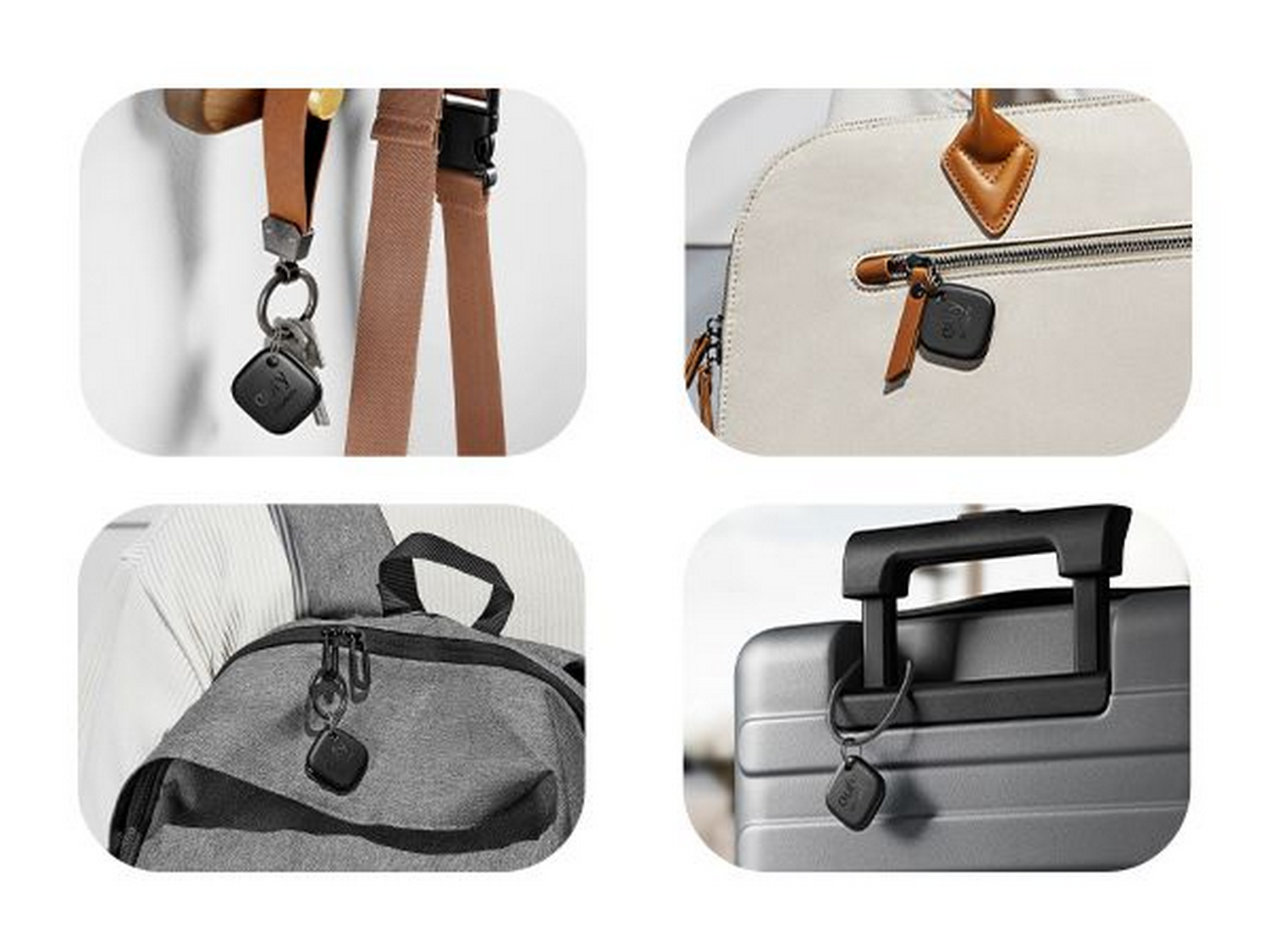 Un rastreador negro adjunto a llaves, una bolsa y una maleta. Cada artículo está en un entorno diferente.