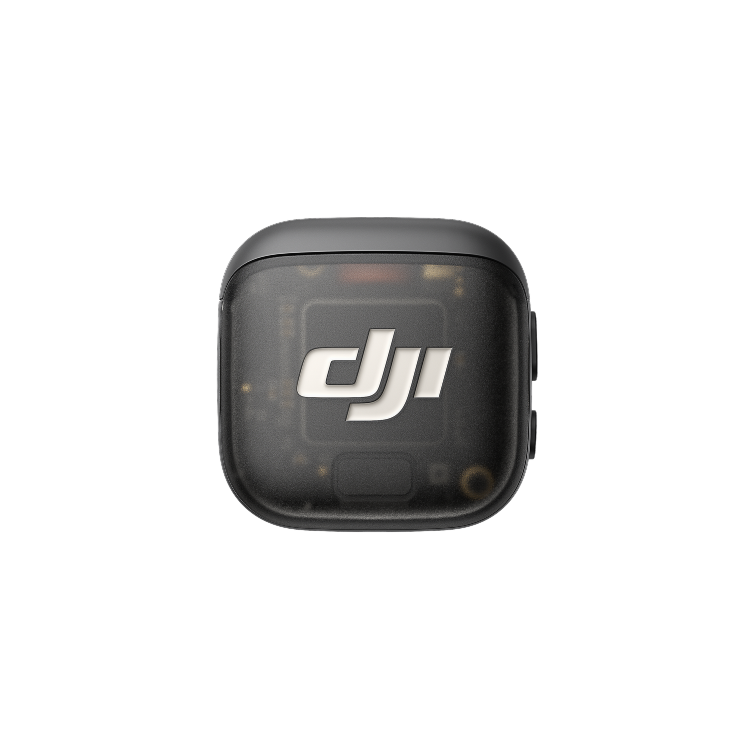 Dispositivo negro y rectangular con logo DJI sobre fondo gris. La parte superior es transparente, mostrando componentes internos.