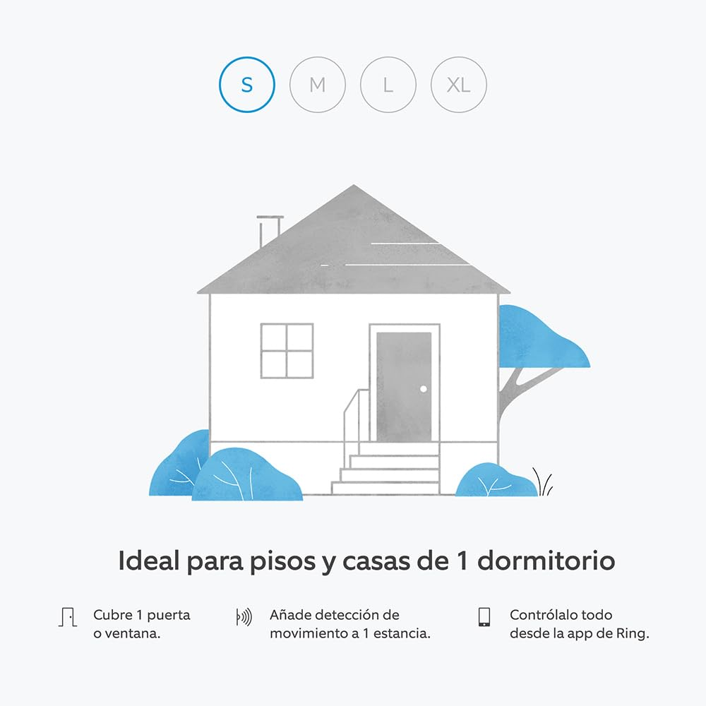 Ilustración de una casa blanca con detalles azules, incluyendo árboles y arbustos. Texto arriba: S, M, L, XL. Texto abajo: Ideal para casas de 1 dormitorio.