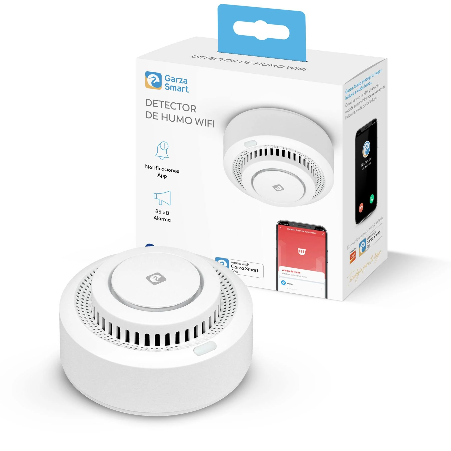 Detector de humo Garza Smart blanco en una caja. La caja muestra información y un teléfono con la aplicación.