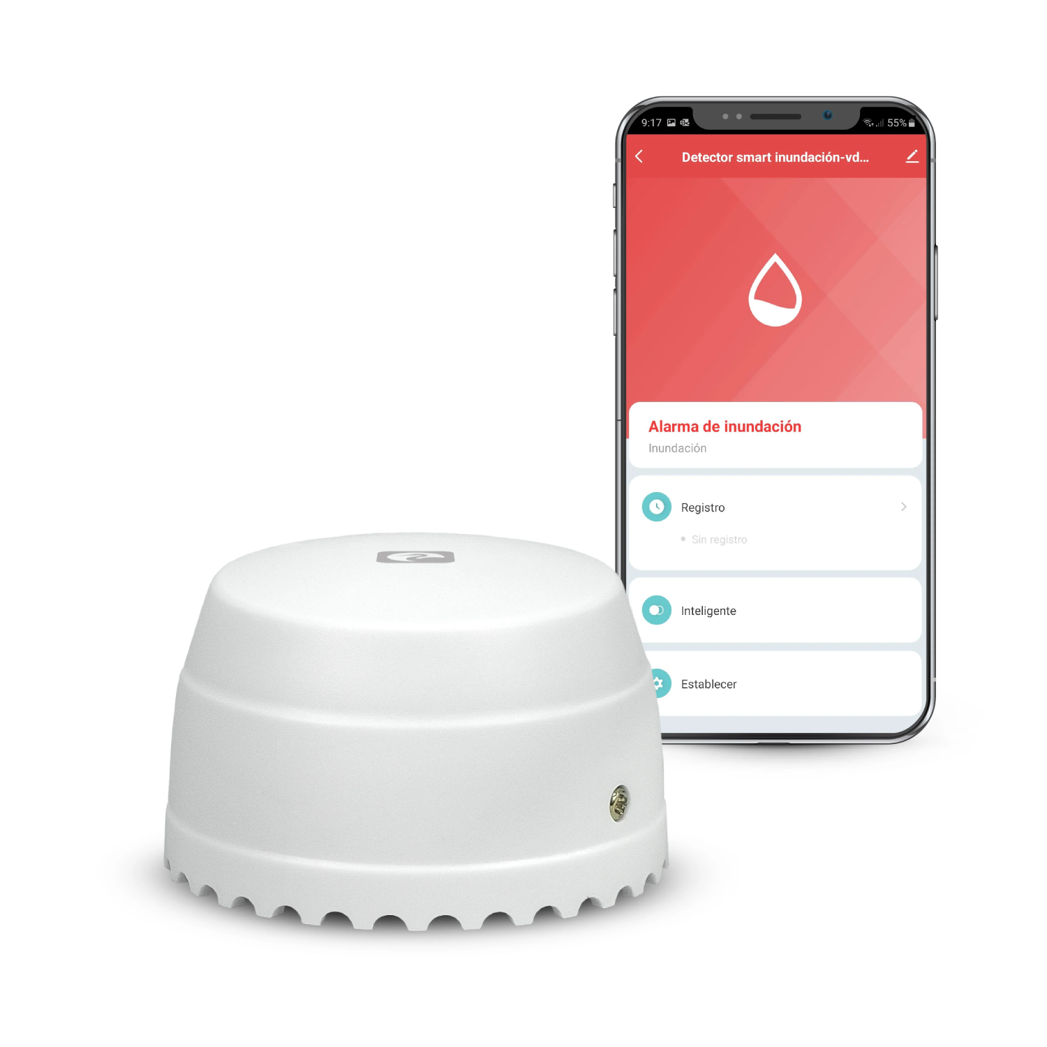 Un sensor de inundación blanco junto a un teléfono inteligente que muestra una interfaz de aplicación. La aplicación muestra un icono de gota de agua y detalles de la alarma de inundación.