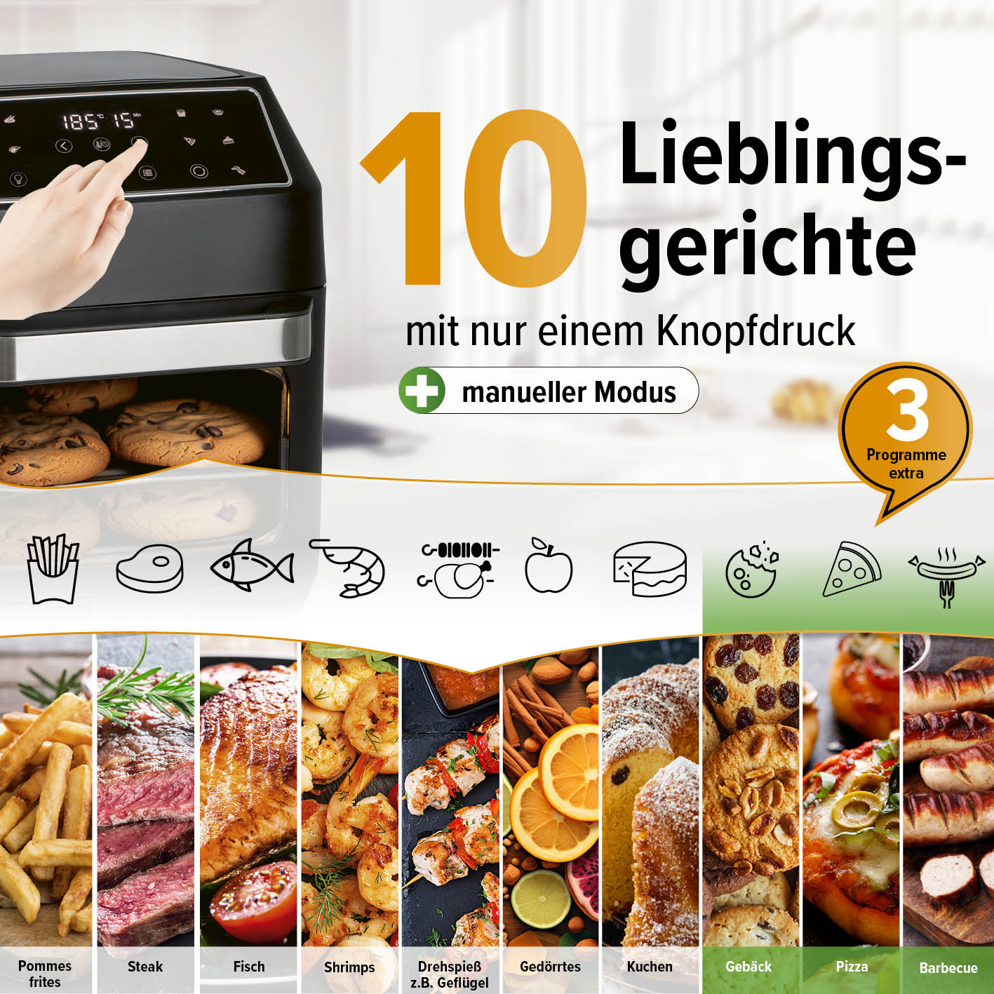 Ein Luftfritteuse mit Hand am Bedienfeld. Darunter 10 Optionen wie Pommes, Steak, Fisch, Garnelen und Pizza.