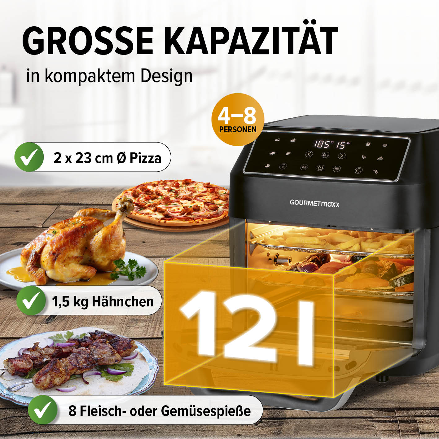 Ein Heißluftfritteuse mit Pizza, Hähnchen und Spießen. Es zeigt die Kapazität für 4-8 Personen. Text: große Kapazität im kompakten Design.